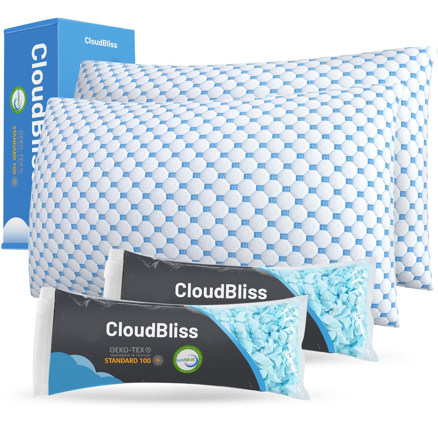 CloudBliss Shredded Memory Foam Pillow for Sleeping - Adjustable Cooling Pillow with Breathable Washable Cover, CertiPUR-US Certified, 1 Pack Queen Size for Side/Back/Stomach Sleepers - Medaid International