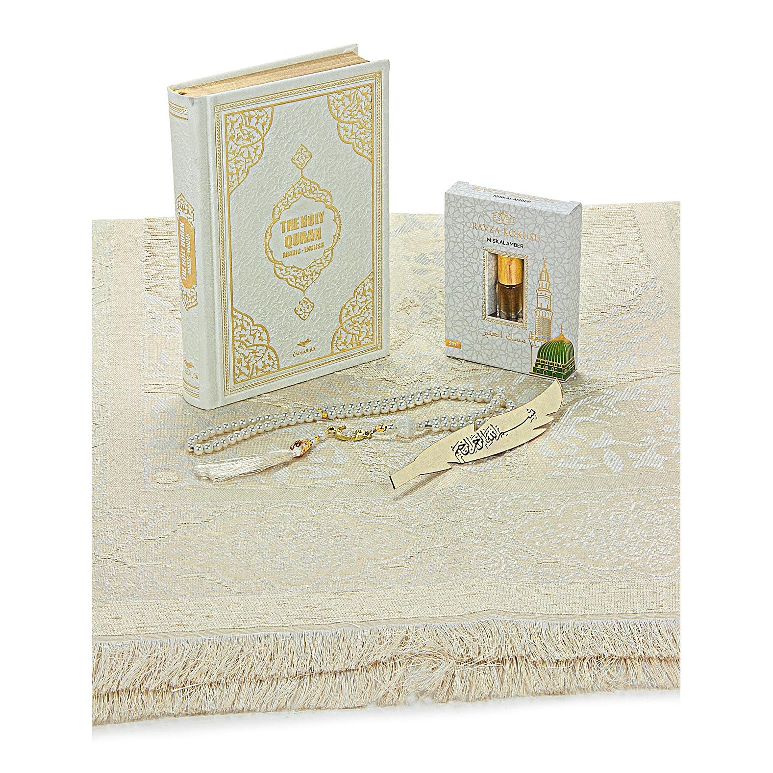 ihvan online Prayer Gift Set for Hajj and Umrah, Muslim Prayer Rug, Prayer Mat, Beads Taasbih, Holy Quran Translated English, Muslim Praying Mat, Islamic Gift Set for Ramadan & Eid, White - Medaid International