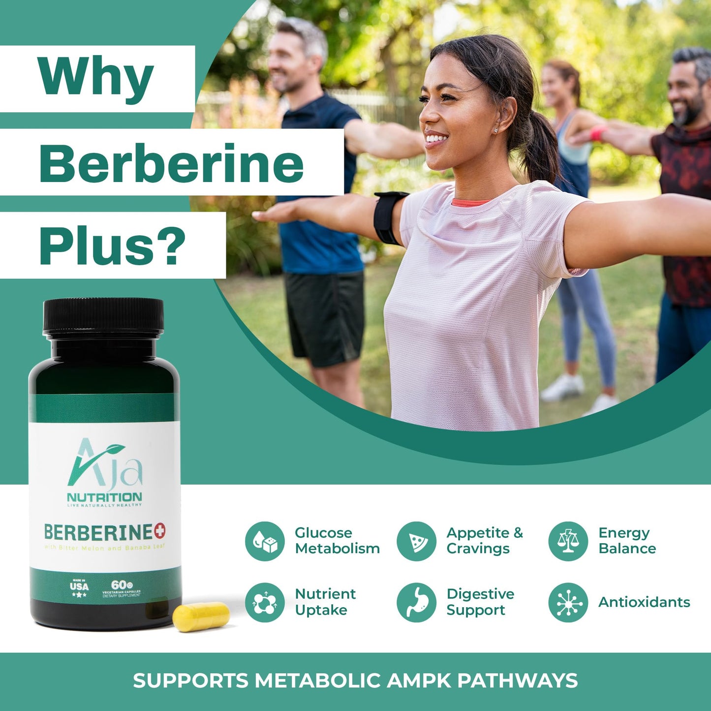 Aja Nutrition Berberine Plus – Triple Action Metabolic Support Supplement with Berberine HCl 500mg, Bitter Melon & Banaba Leaf – 1250mg Herbal Actives – Energy & Digestive Support – 60 Vegan Capsules - Medaid International