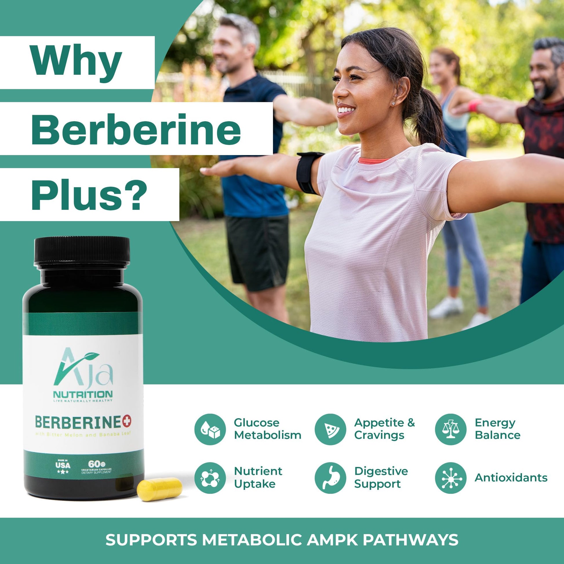 Aja Nutrition Berberine Plus – Triple Action Metabolic Support Supplement with Berberine HCl 500mg, Bitter Melon & Banaba Leaf – 1250mg Herbal Actives – Energy & Digestive Support – 60 Vegan Capsules - Medaid International