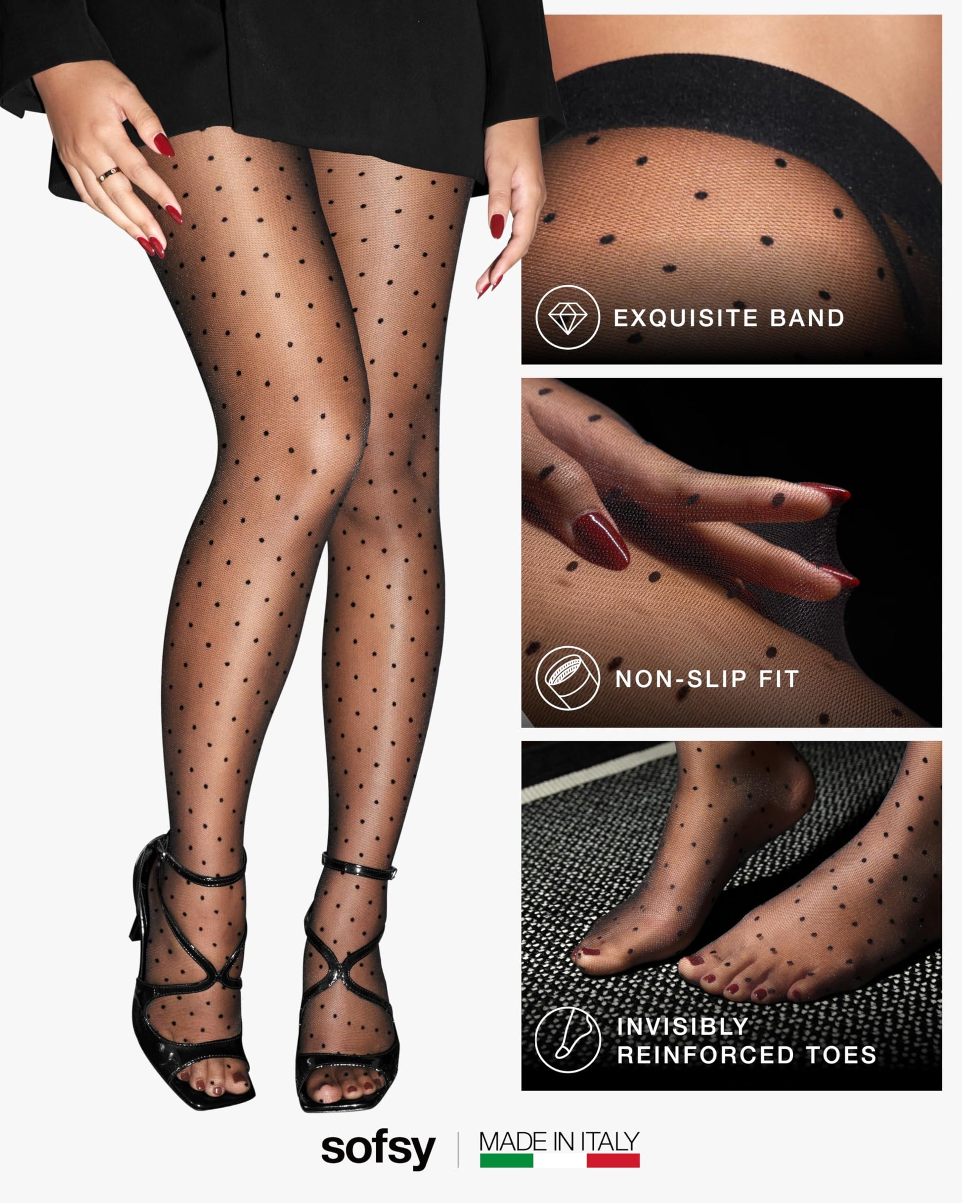 sofsy Breathable Polka Dot Hosiery Women – Italian 100% Oeko-Tex Certified Sheer Tights with Decorative Pattern | Black Stockings – XL - Medaid International