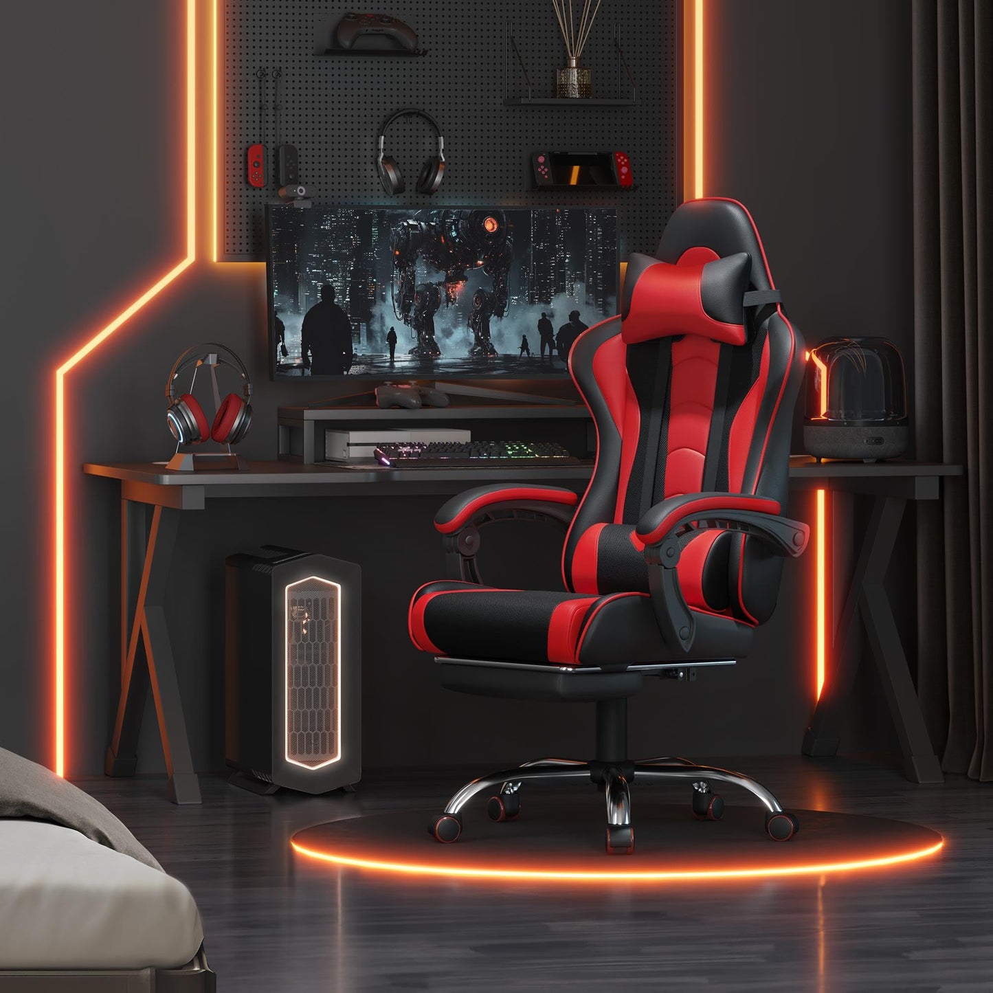 Yaheetech Gaming Chair, Video Game Chair with Massage Lumbar Support and Footrest Height Adjustable Ergonomic Computer Chair with Swivel Seat and Headrest, Black/Red - Medaid International