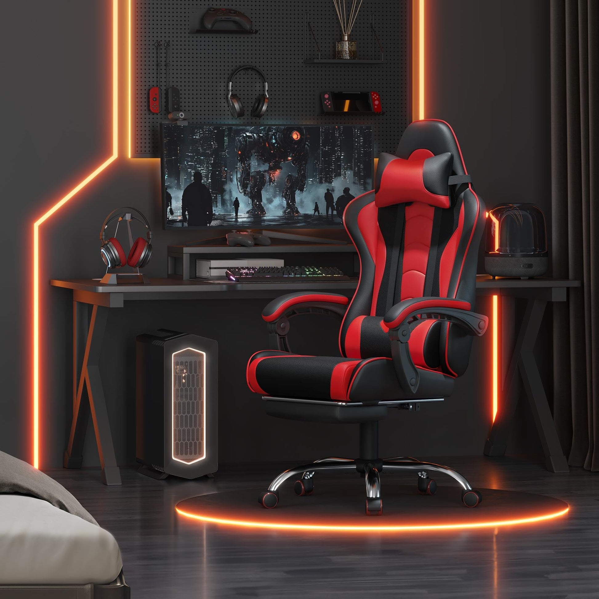 Yaheetech Gaming Chair, Video Game Chair with Massage Lumbar Support and Footrest Height Adjustable Ergonomic Computer Chair with Swivel Seat and Headrest, Black/Red - Medaid International