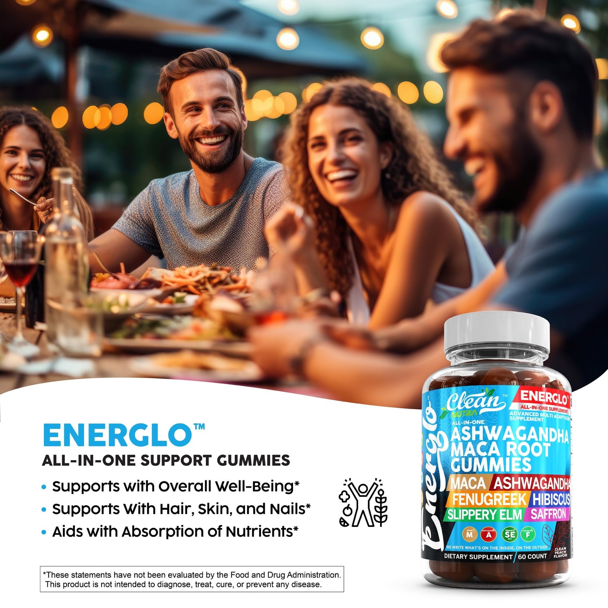 Ashwagandha Maca Root Gummies with Fenugreek Hibiscus Slippery Elm Saffron Extract & Beta Carotene | Peach Flavor Vegan Gummy Vitamins Adaptogen Cortisol Supplement Energlo by Clean Nutra - Medaid International