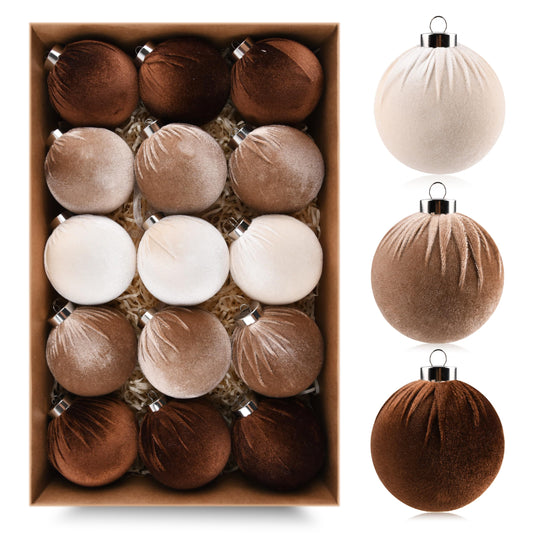 Brown Velvet Christmas Tree Ornaments - 15pcs Shatterproof Christmas Balls for Xmas Trees Decorations - Multicolor Brown Neutral Beige, 80mm 3.15inch - Medaid International