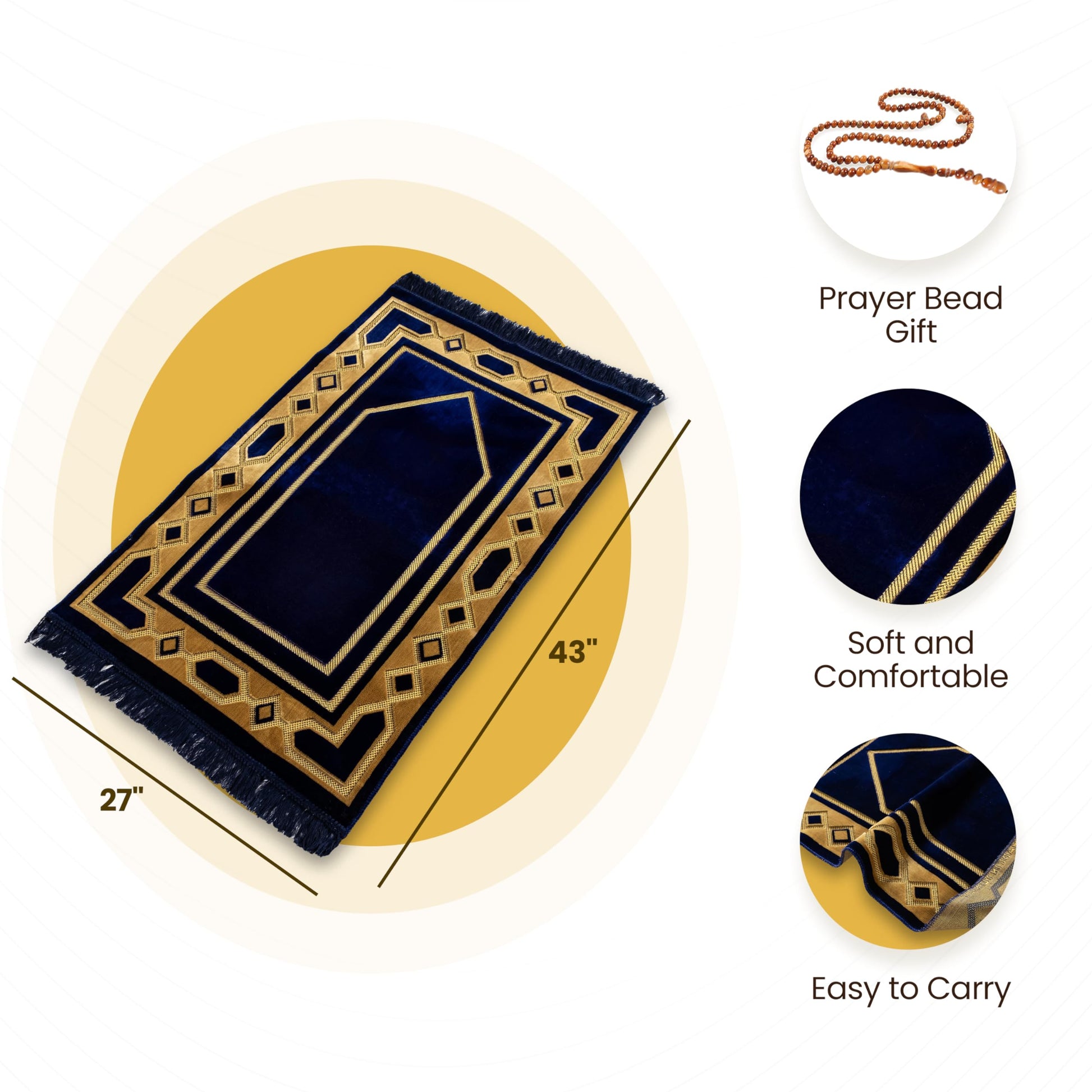 Gold Case Home Collection Islamic Prayer Mat - Islam Praying Rug for Muslim Women & Men - Soft Turkish Salah Mats Eid & Ramadan Gifts - Pray Bead (Tesbih) Included - Made in Turkiye - Navy Blue - Medaid International