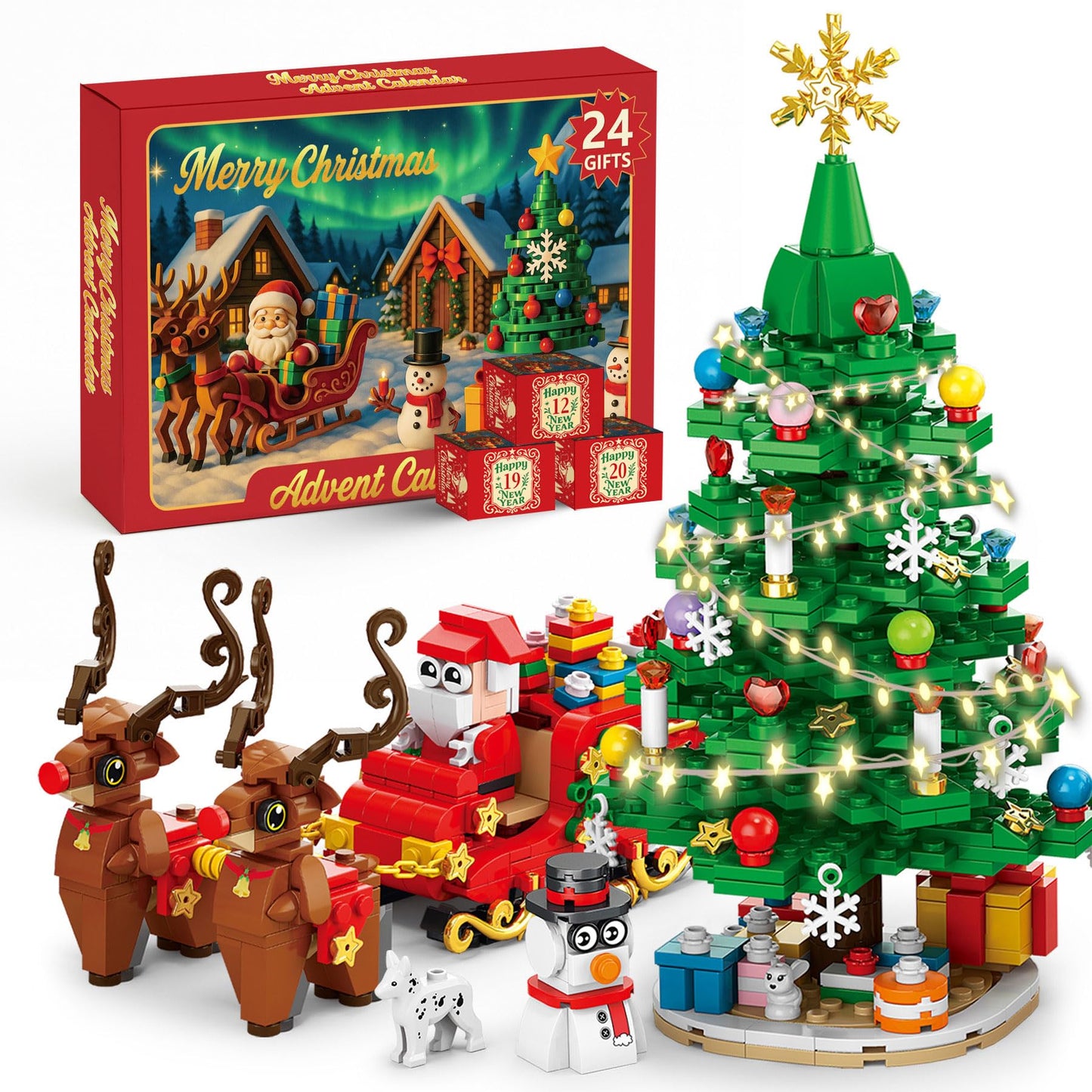 Rubypop Christmas Tree Advent Calendar 2025, 24 Day Countdown Kit with 912PCS Building Blocks Set, Xmas Holiday Decorations Gift for Kids Teen Girls Boys (Santa Sleigh Reindeer) - Medaid International