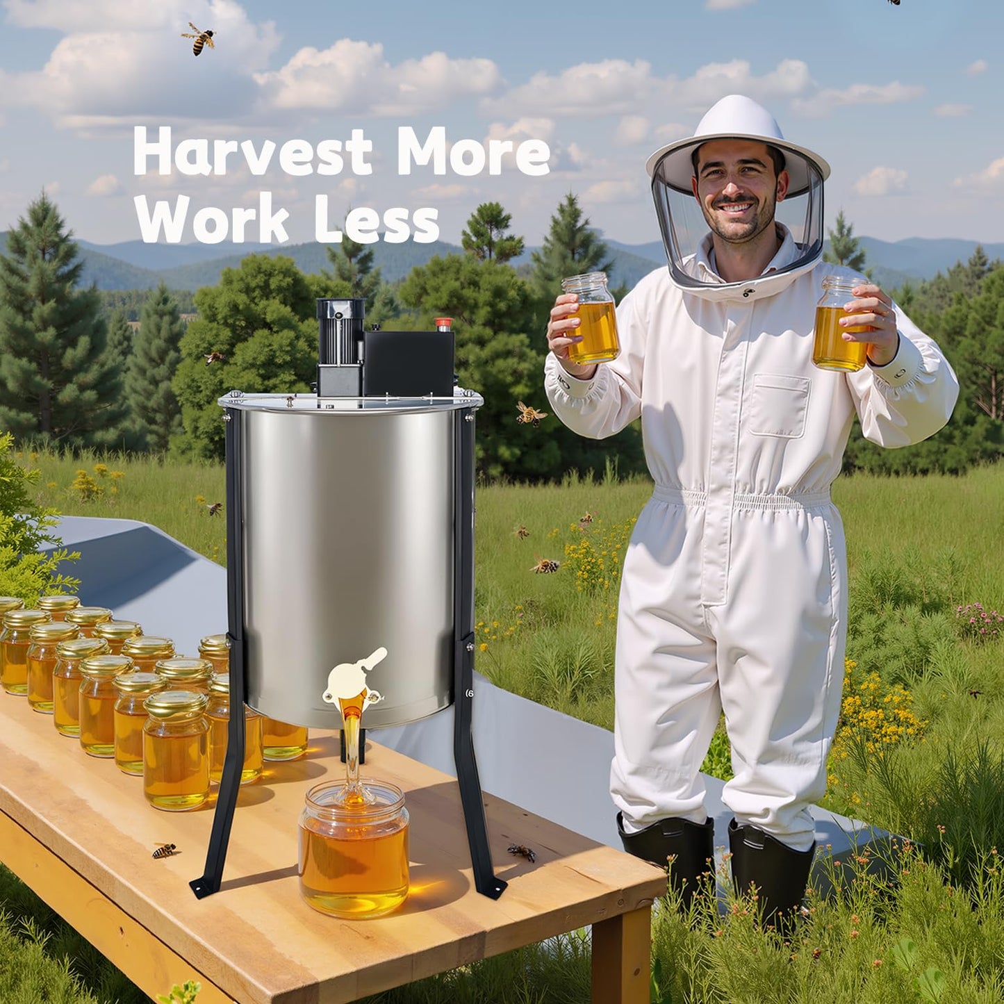 BeeCastle 3 Frame Electric Honey Extractor Stainless Steel Honey Processing Equipment, Powered Honeycomb Drum Spinner with Transparent Lid and Height Adjustable Stand - Medaid International