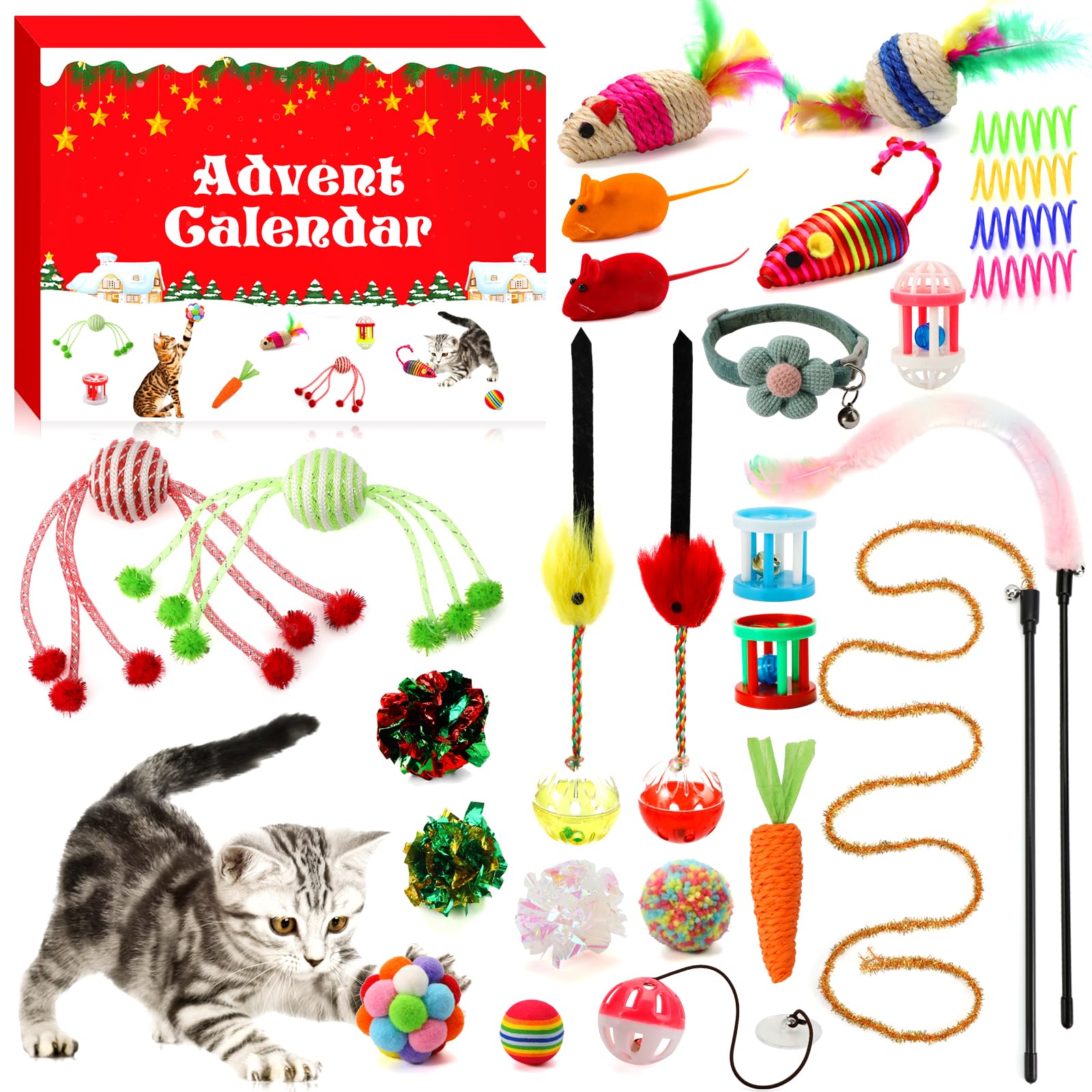 GWAHSA Cat Advent Calendar 2025, 24 Days Christmas Countdown Calendar with Assorted Interactive Cat Toys for Indoor Kitten Cats Pet Surprise Xmas Gifts for Cat Lovers Women - Medaid International