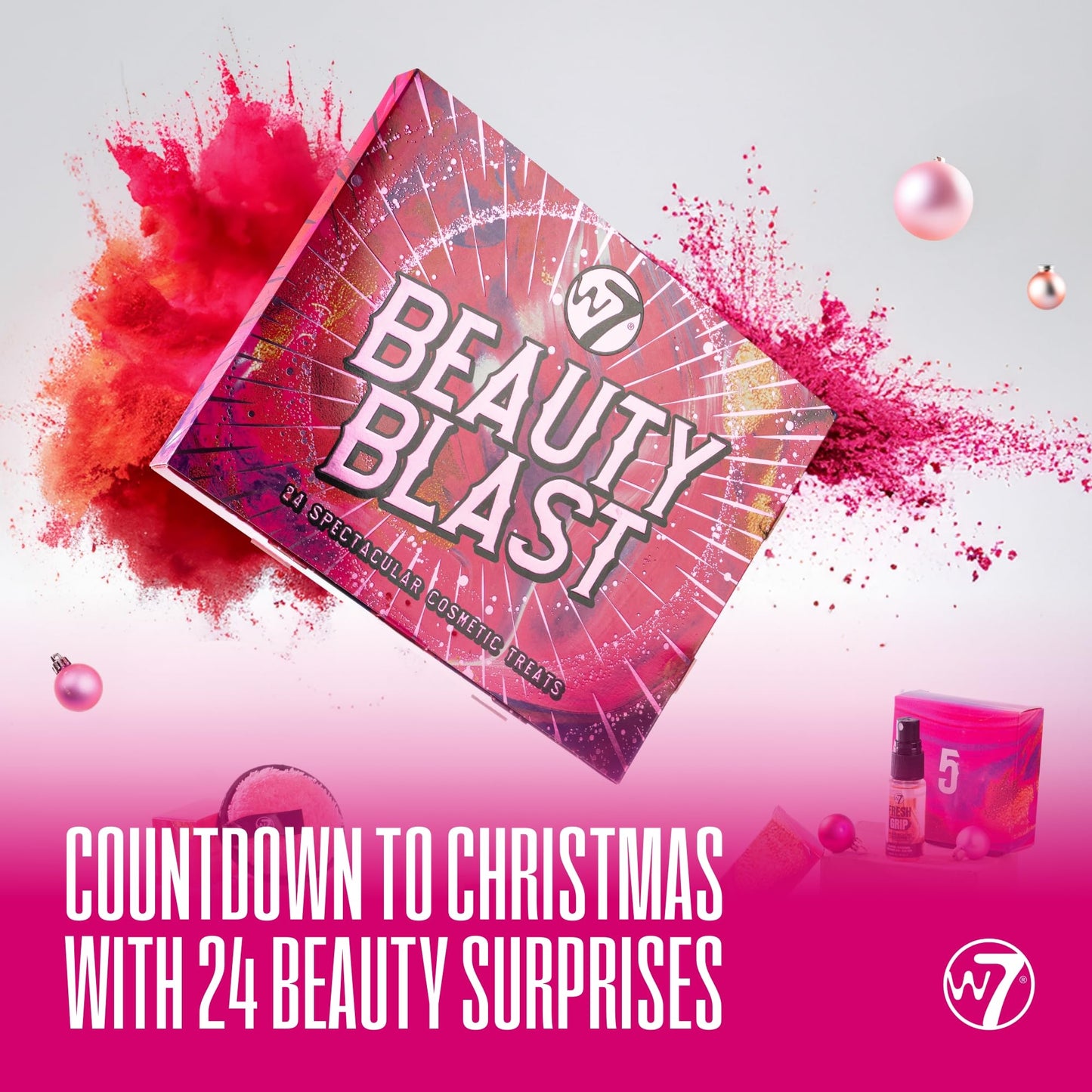W7 Beauty Blast - Makeup Advent Calendar 2025 - Beauty & Cosmetic Calendar - Individually Boxed Makeup & Cosmetic Surprises For the 24 Days to Christmas - Cruelty Free Gifting - Medaid International