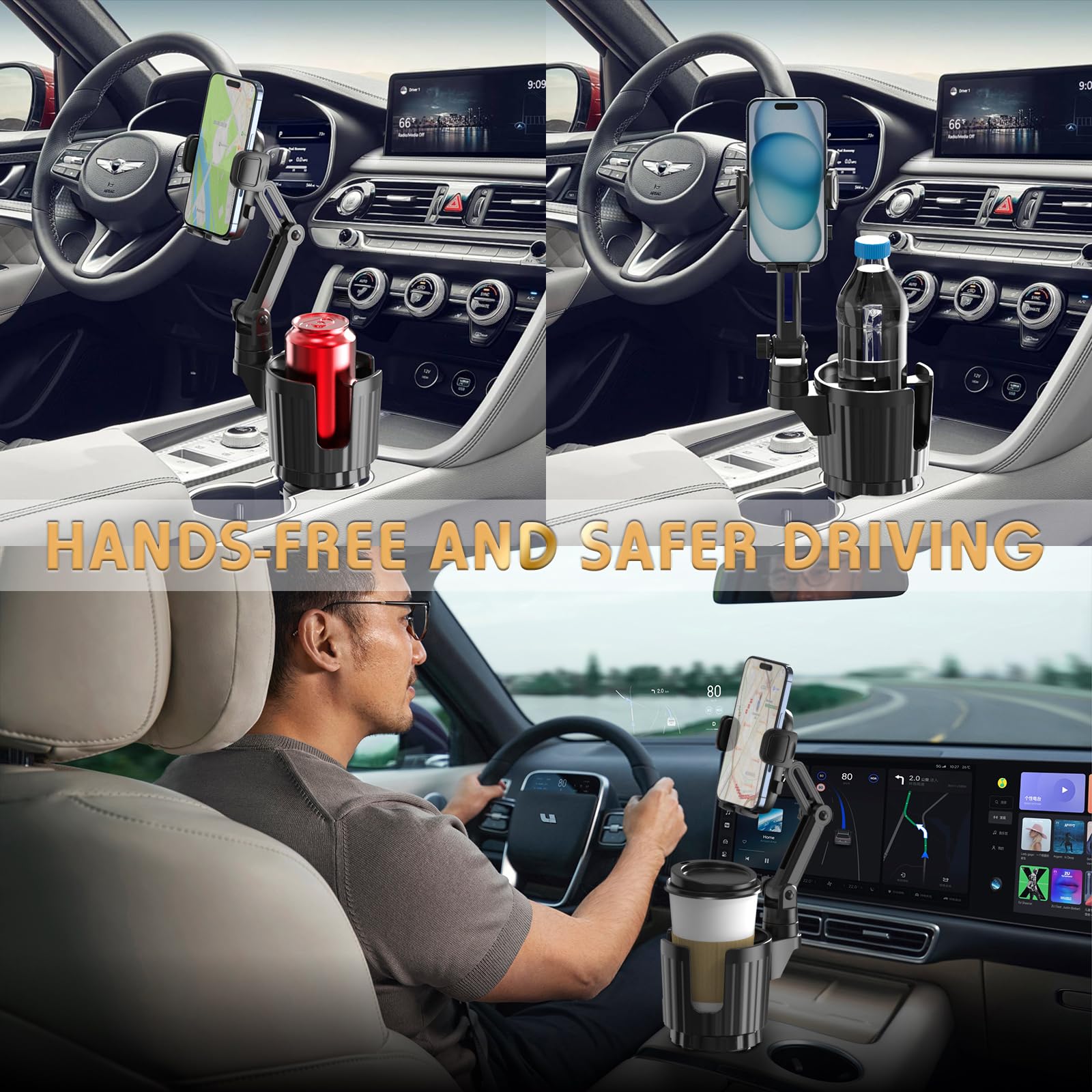Phone Holders for Your Car, 2 in 1 Universal Cup Holder Expander Adjustable Base with Phone Mount, Long Arm with 360°Rotation Cup Holder Phones Mount for Car Compatible with All Smartphones - Medaid International