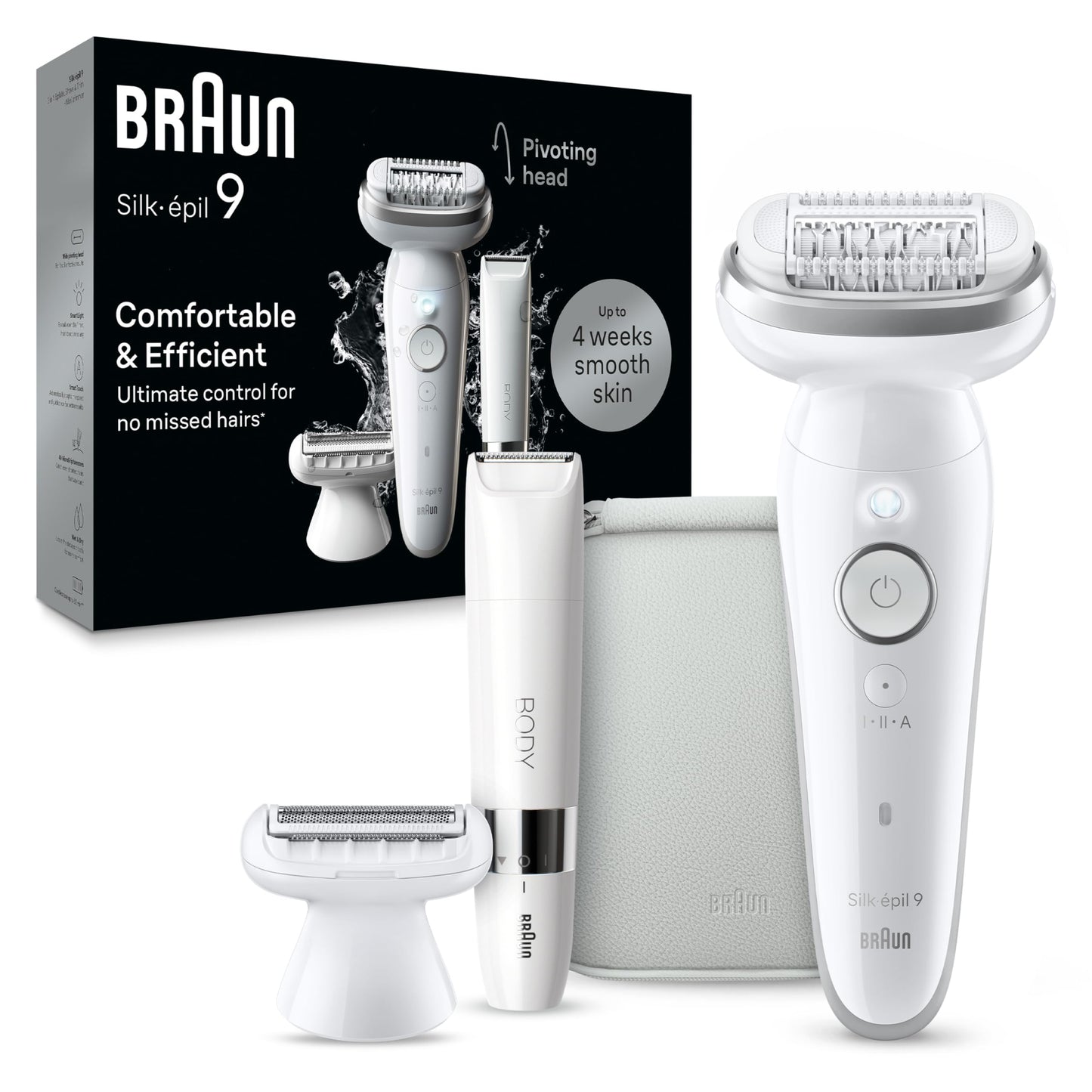 Braun Silk-épil 9 Epilator, Pivoting Head, Wet and Dry, Includes Body Trimmer, Shaver Head and Trimmer Comb,SES9-441 - Medaid International