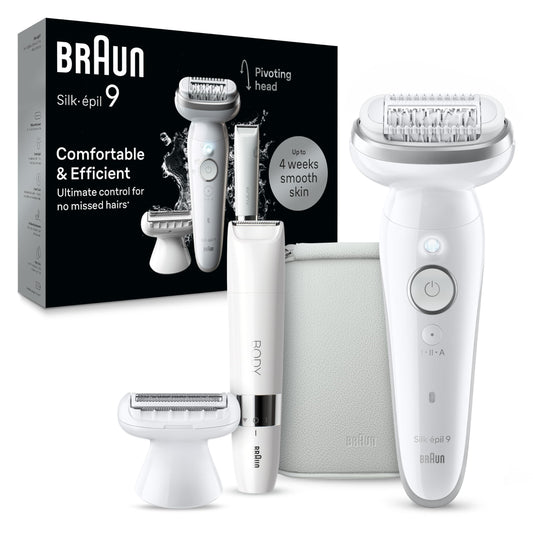 Braun Silk-épil 9 Epilator, Pivoting Head, Wet and Dry, Includes Body Trimmer, Shaver Head and Trimmer Comb,SES9-441 - Medaid International