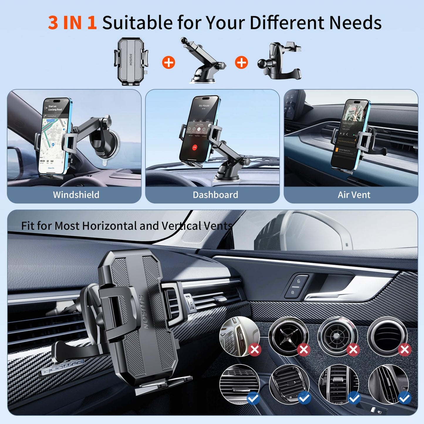 SUUSON Upgraded 3-in-1 Car Phone Holder Mount [Powerful Suction] Phone Mount for Car Dashboard Air Vent Windshield,for All iPhone Android Phone (Black) - Medaid International