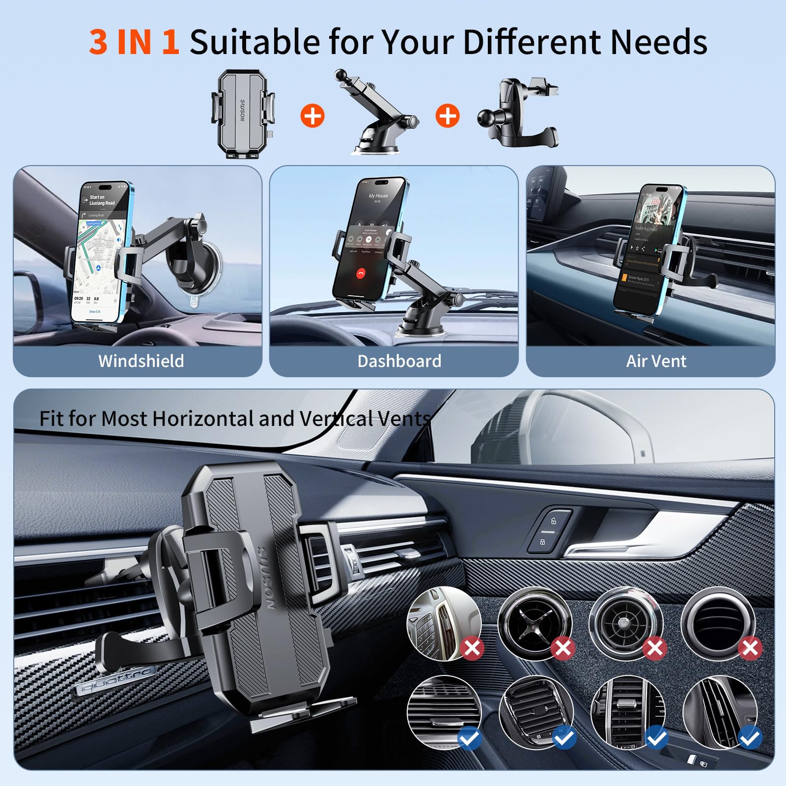 SUUSON Upgraded 3-in-1 Car Phone Holder Mount [Powerful Suction] Phone Mount for Car Dashboard Air Vent Windshield,for All iPhone Android Phone (Black) - Medaid International
