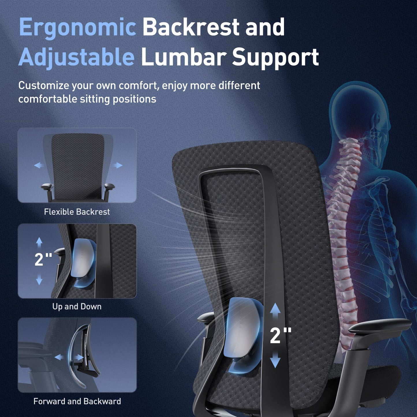 COLAMY Ergonomic Mesh Office Chair, Computer Executive Desk Chair, Ergonomic Office Chair Lumbar Support with Flexible Backrest, Slide Seat, Blackgrey - Medaid International
