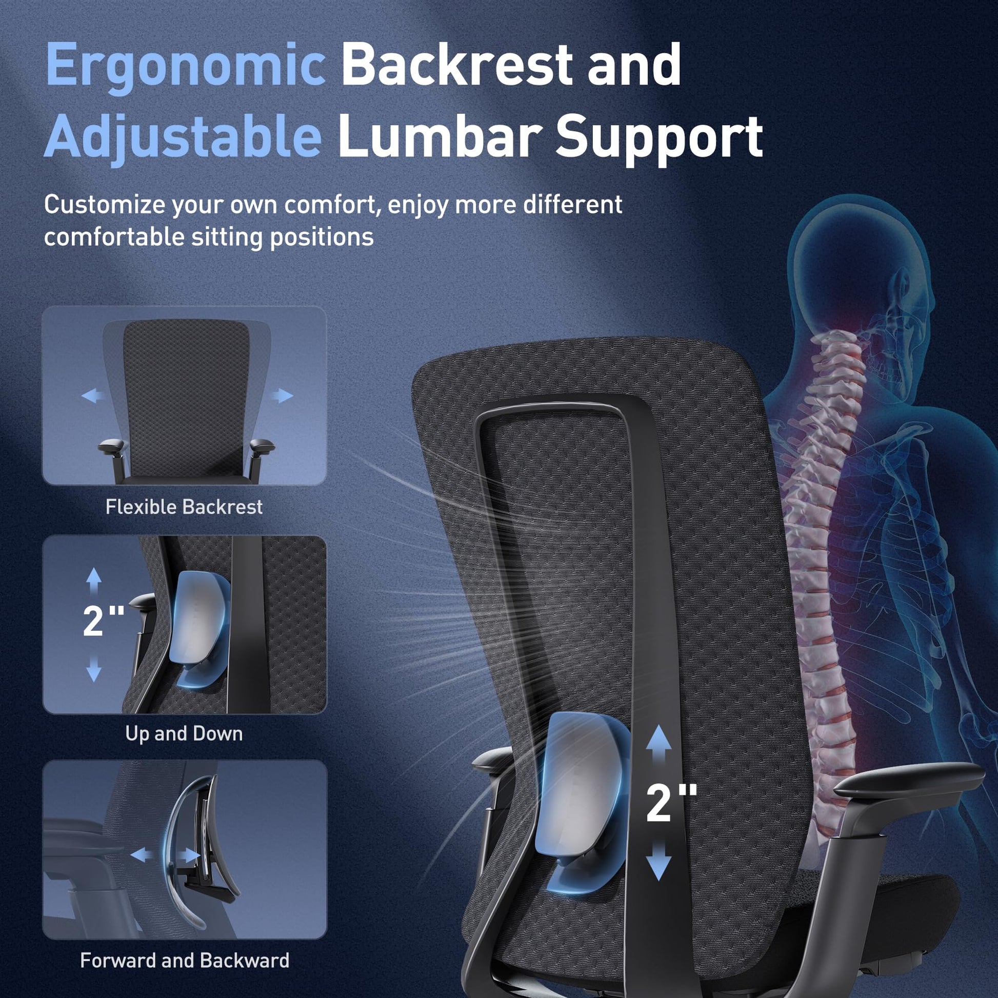 COLAMY Ergonomic Mesh Office Chair, Computer Executive Desk Chair, Ergonomic Office Chair Lumbar Support with Flexible Backrest, Slide Seat, Blackgrey - Medaid International