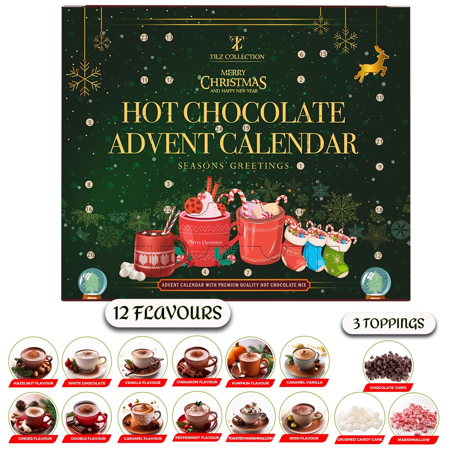 Hot Chocolate Advent Calendar 2025 - Gourmet Luxury 24 Hot Chocolate Selection Variety Flavours - Food Advent Calendars Gifts Set For Men Women Children - Medaid International