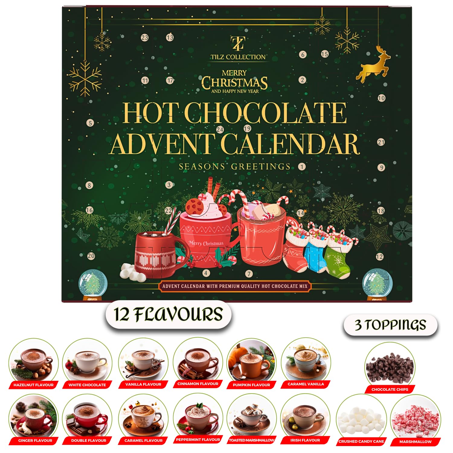 Hot Chocolate Advent Calendar 2025 - Gourmet Luxury 24 Hot Chocolate Selection Variety Flavours - Food Advent Calendars Gifts Set For Men Women Children - Medaid International
