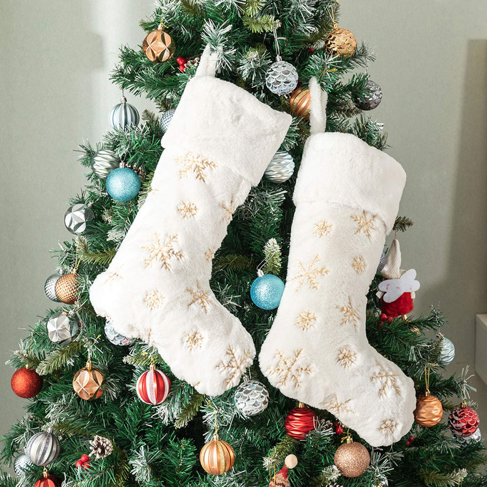 AtiMing 2pcs Plush Christmas Stockings White Faux Fur Large 56cm Deluxe Hanging Xmas Stockings with Gold Sequins Snowflake for Christmas Fireplace Decorations Socks (White-G, 22inches) - Medaid International