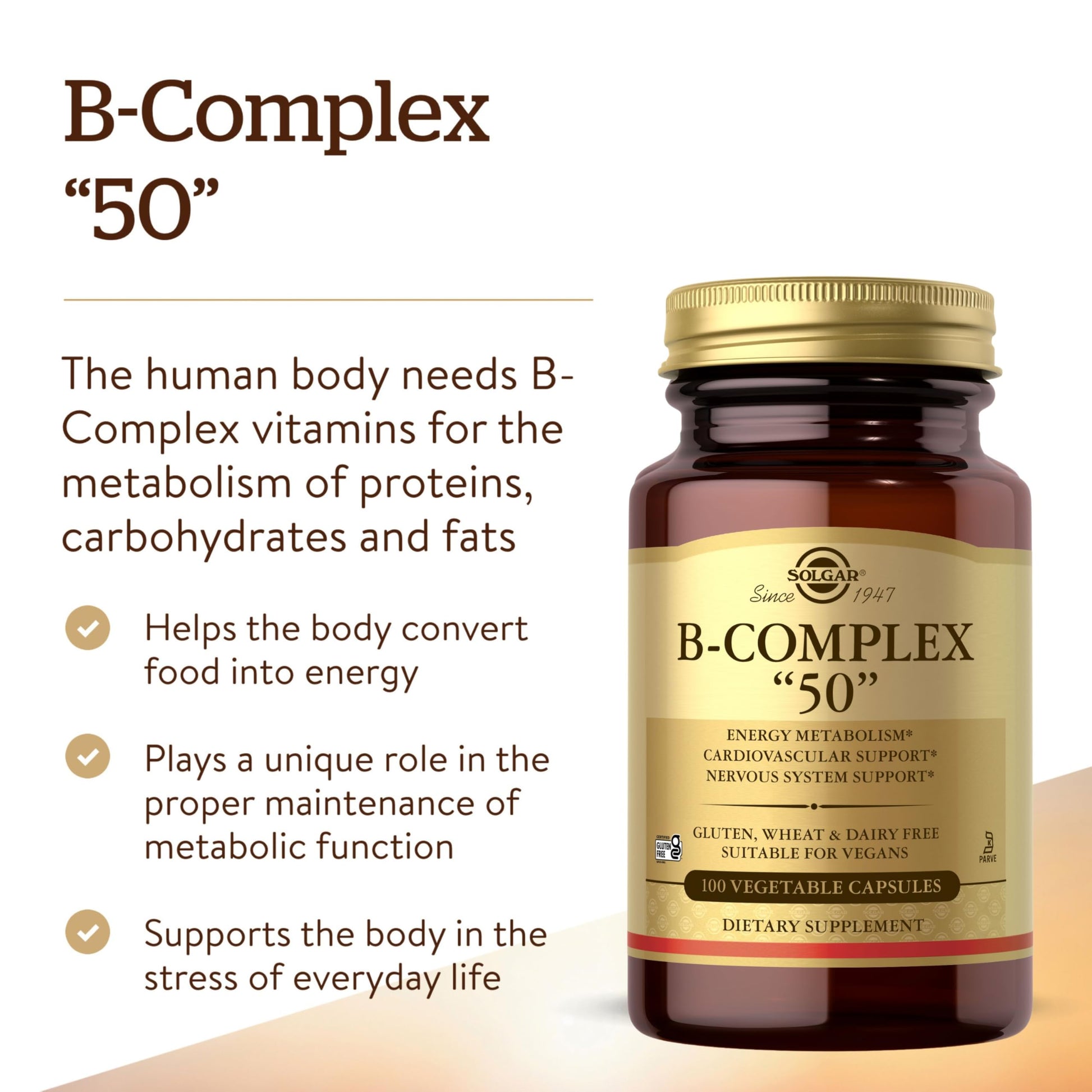 Solgar B-Complex “50”, 100 Vegetable Capsules - Energy Metabolism, Cardiovascular Support, Nervous System Support - Non-GMO, Vegan, Gluten Free, Dairy Free, Kosher - 100 Servings - Medaid International