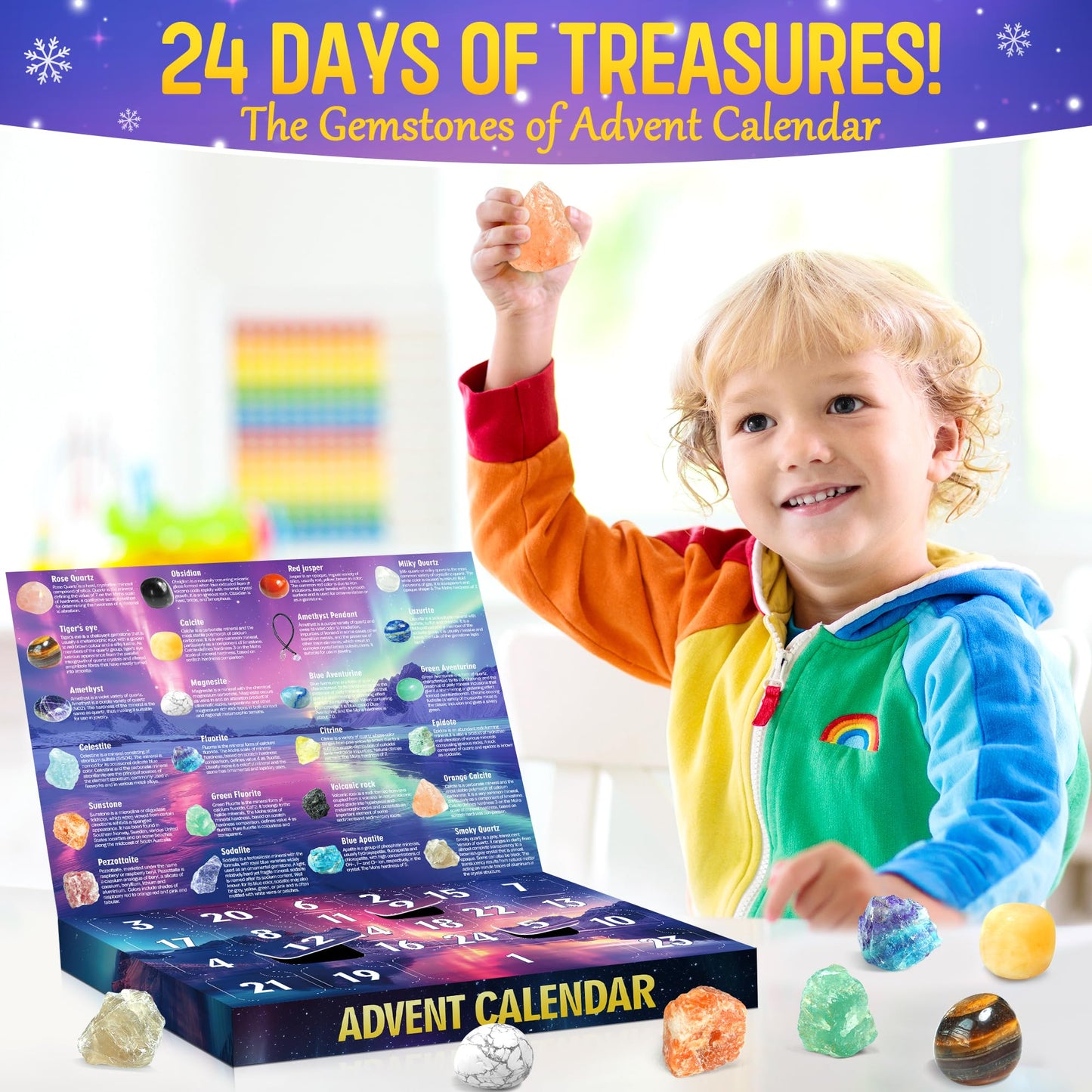 ZIZZ Advent Calendar 2025 Christmas - 24 Days Natural Rock Crystal Christmas Countdown Calendar for Kids Boys Girls Geology Stone Gemstone Learning Collection Kit Birthday Xmas Gift for Kid Teen Adult - Medaid International