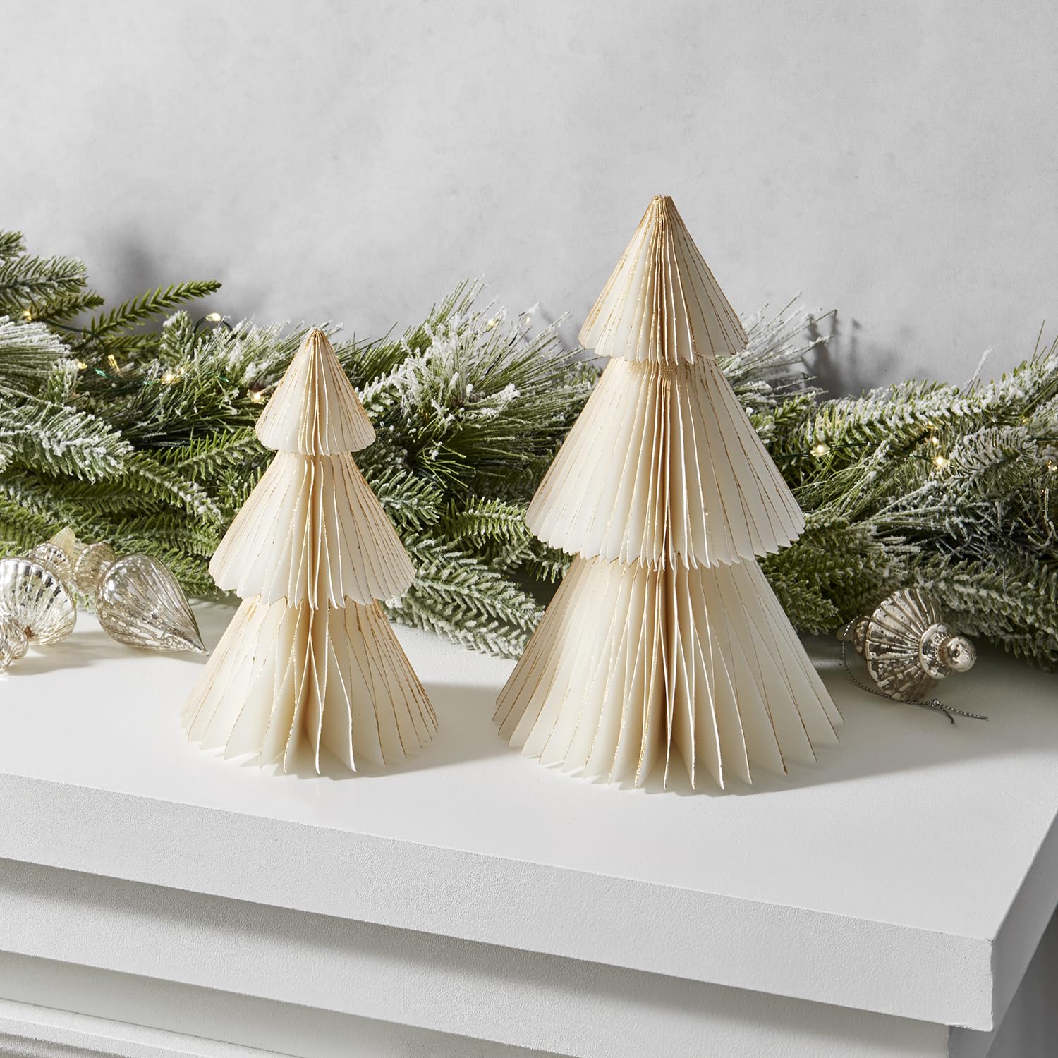 LampLust Paper Christmas Tree Decor, 2 Pack Honeycomb Paper Trees, 6 & 8 Inch, White & Gold Glitter Edge, Holiday Table Centerpieces, Christmas Table Decor, Winter Decorations - Medaid International
