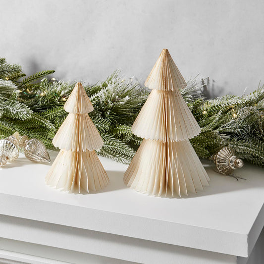 LampLust Paper Christmas Tree Decor, 2 Pack Honeycomb Paper Trees, 6 & 8 Inch, White & Gold Glitter Edge, Holiday Table Centerpieces, Christmas Table Decor, Winter Decorations - Medaid International