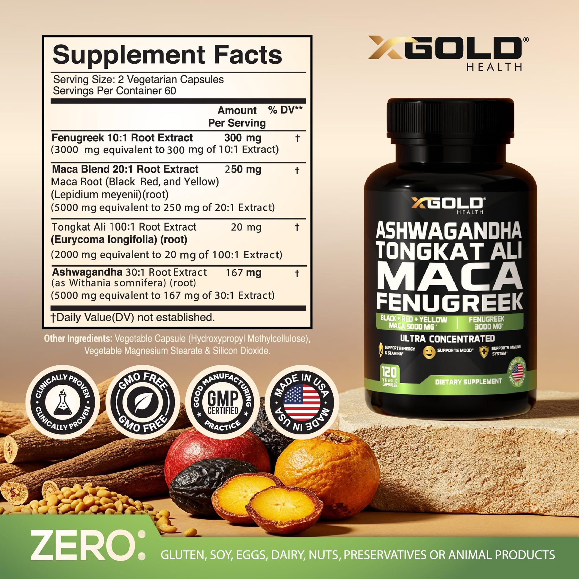 Ashwagandha 5000mg + Tongkat Ali 1000mg + Maca Root 5000mg + Fenugreek 3000mg Supplement | Black + Red + Yellow Maca Root Extract & Fenugreek Herbal Supplements for Men & Women - Made in USA - Medaid International