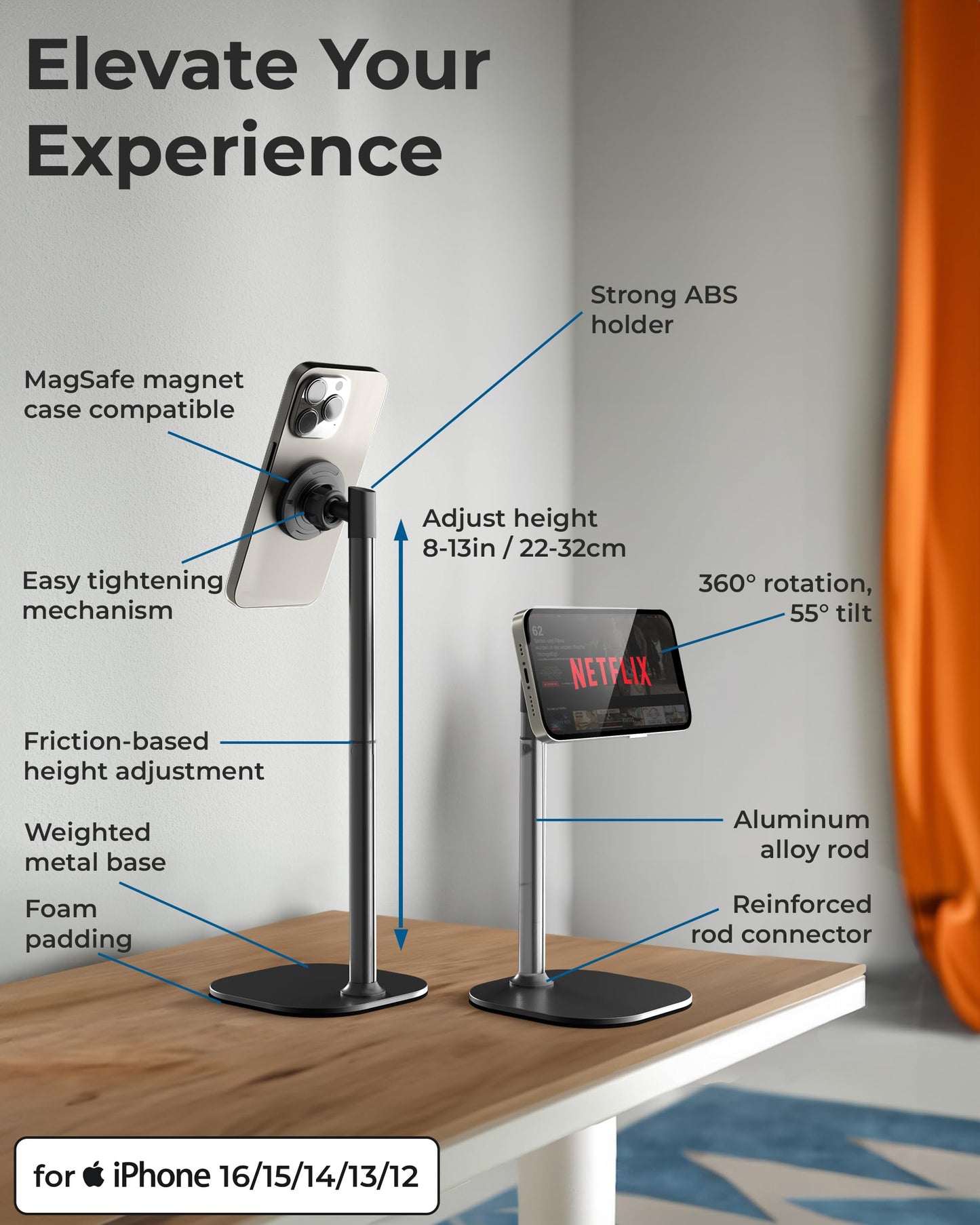 COOPER MagStand - Adjustable Magnetic iPhone Stand for Desk & Phone Holder for Video Recording, Compatible with MagSafe, Stand for iPhone 17 Pro Max, 16/15/14/13/12, Small Mag Safe Tripod (Black) - Medaid International