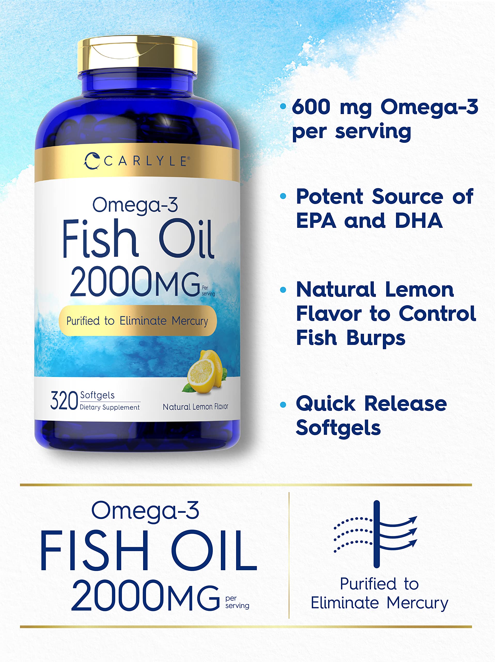 Carlyle Fish Oil Omega 3 Supplements | 2000mg | 320 Softgels | EPA & DHA | 600mg Total Omega-3 | Non-GMO, Gluten Free Pills - Medaid International
