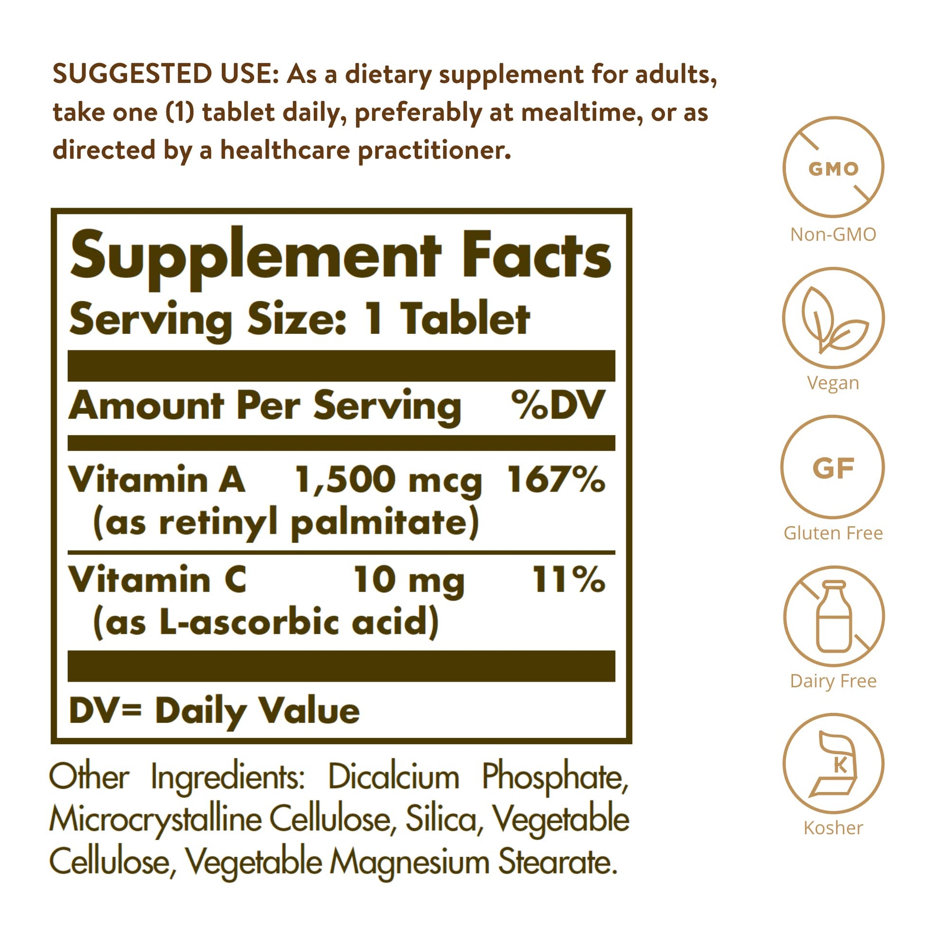 Solgar Dry Vitamin A 1500 mcg (5000 IU), 100 Tablets - Supports Healthy Eyes, Skin & Immune System - Non-GMO, Vegan, Gluten Free, Dairy Free, Kosher - 100 Servings - Medaid International