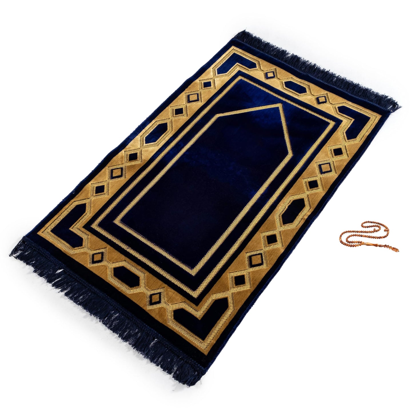 Gold Case Home Collection Islamic Prayer Mat - Islam Praying Rug for Muslim Women & Men - Soft Turkish Salah Mats Eid & Ramadan Gifts - Pray Bead (Tesbih) Included - Made in Turkiye - Navy Blue - Medaid International