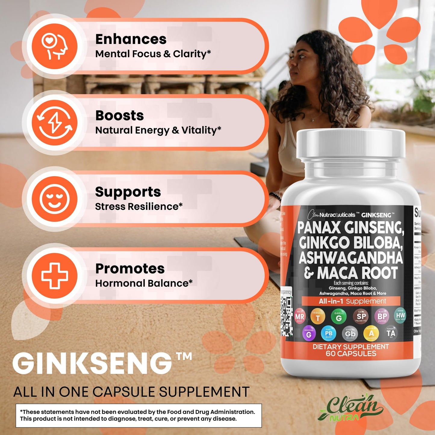 Clean Nutraceuticals Panax Ginseng Ginkgo Biloba Ashwagandha Maca Root - Focus Supplement Pills for Women and Men with Pine Bark Extract, Garlic, and Saw Palmetto - 60 Caps - Medaid International