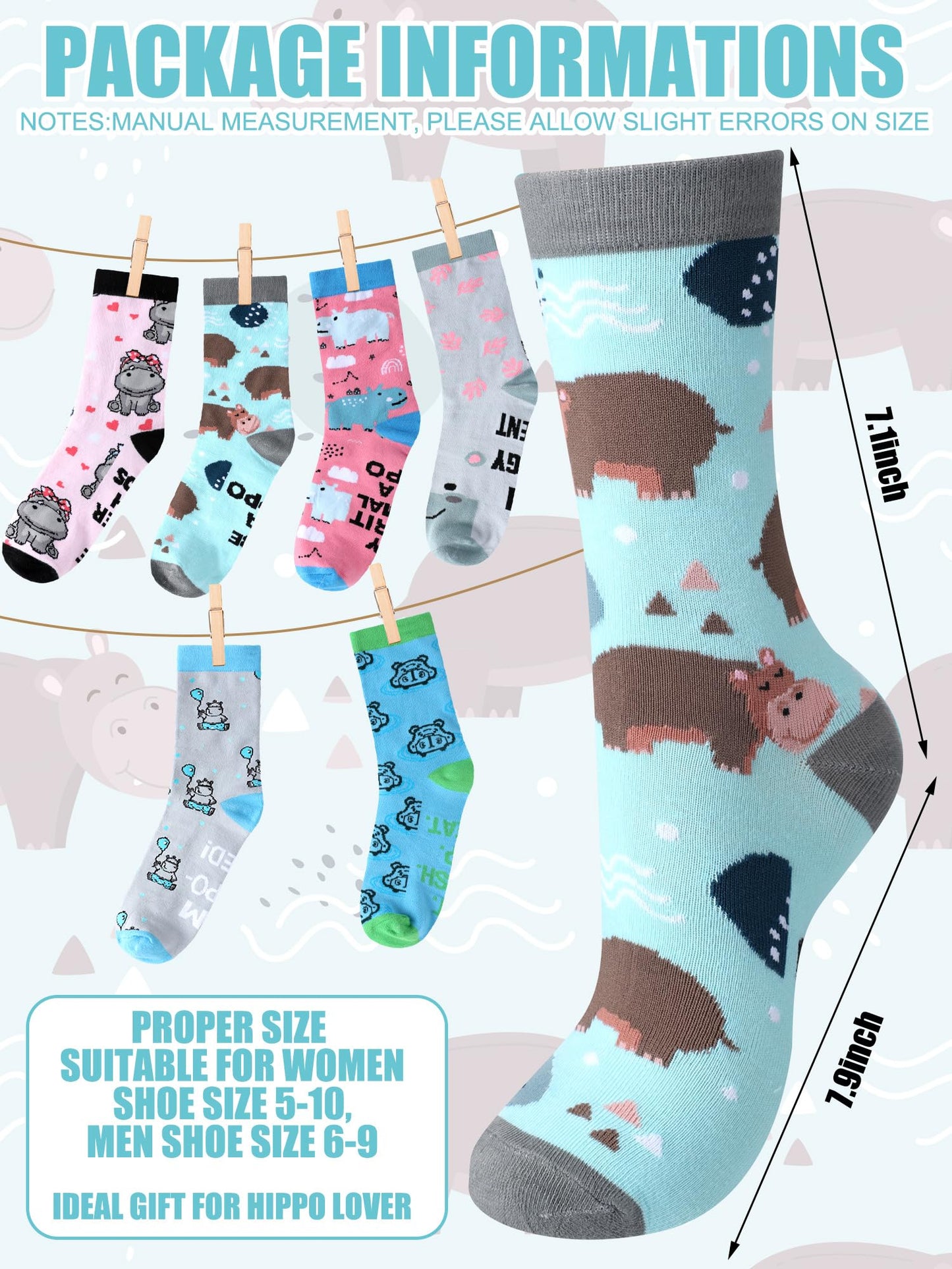 Shyyween 6 Pairs Funny Hippo Lover Gift for Women Men Novelty Animal Themed Cotton Crew Socks Xmas Stuffers Holiday Gift for Hippo Lover - Medaid International