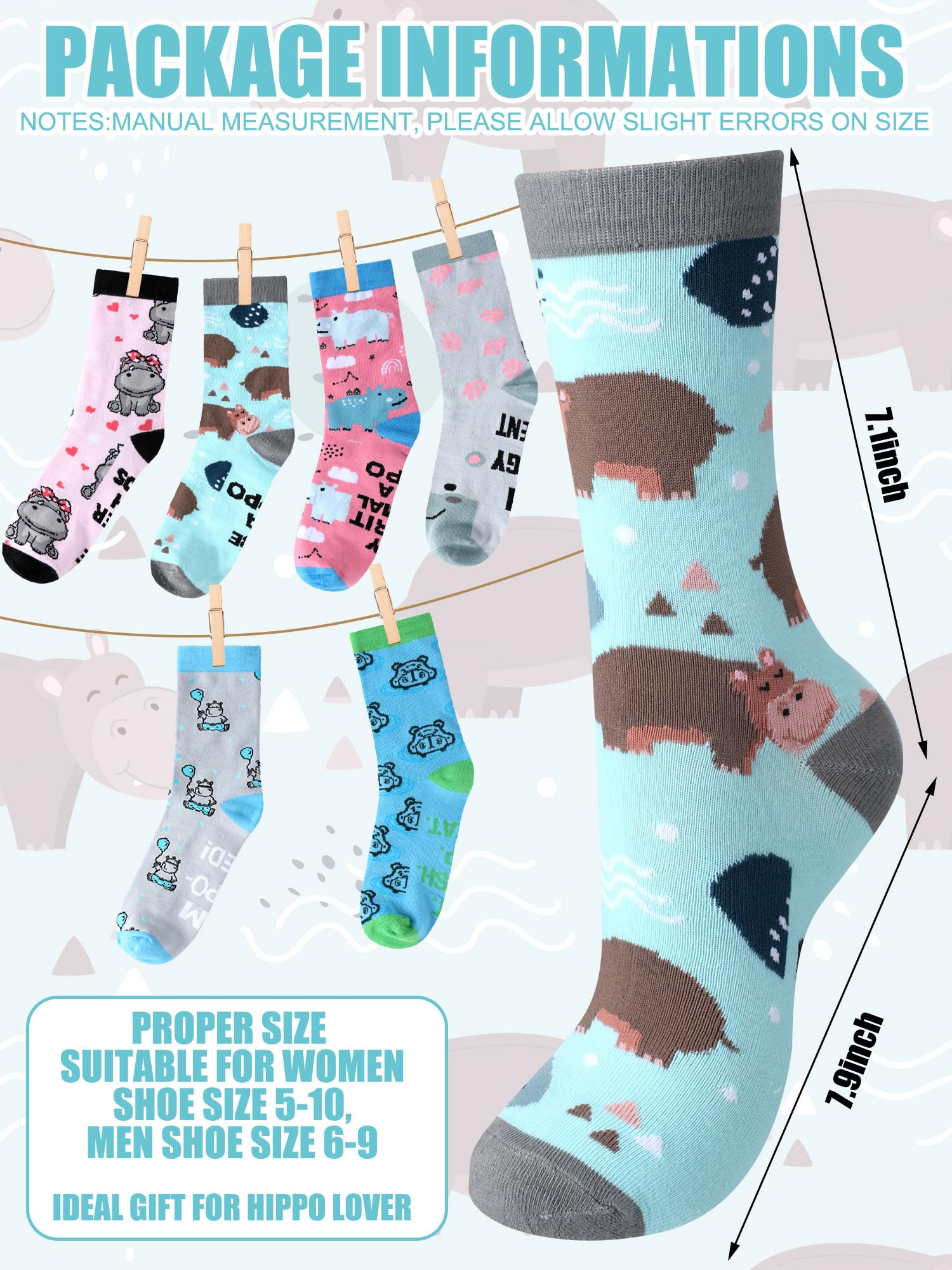 Shyyween 6 Pairs Funny Hippo Lover Gift for Women Men Novelty Animal Themed Cotton Crew Socks Xmas Stuffers Holiday Gift for Hippo Lover - Medaid International