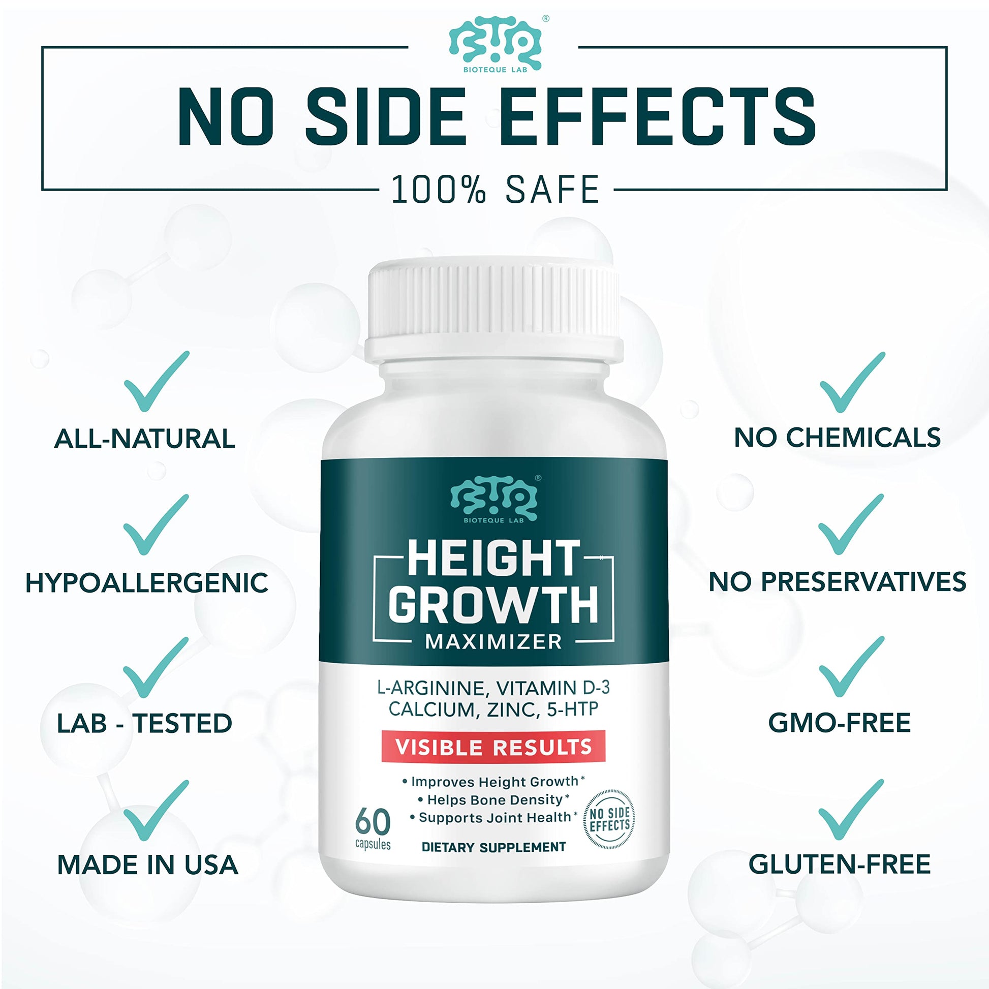 BIOTEQUELAB Height Growth Maximizer, Calcium, Vitamin D3 and Zinc Blend Pills, Bone Growth Supplement for Kids and Teens, Bone Strength, Density Support, GMO-Free, Gluten-Free, Made in USA, 60 Caps - Medaid International