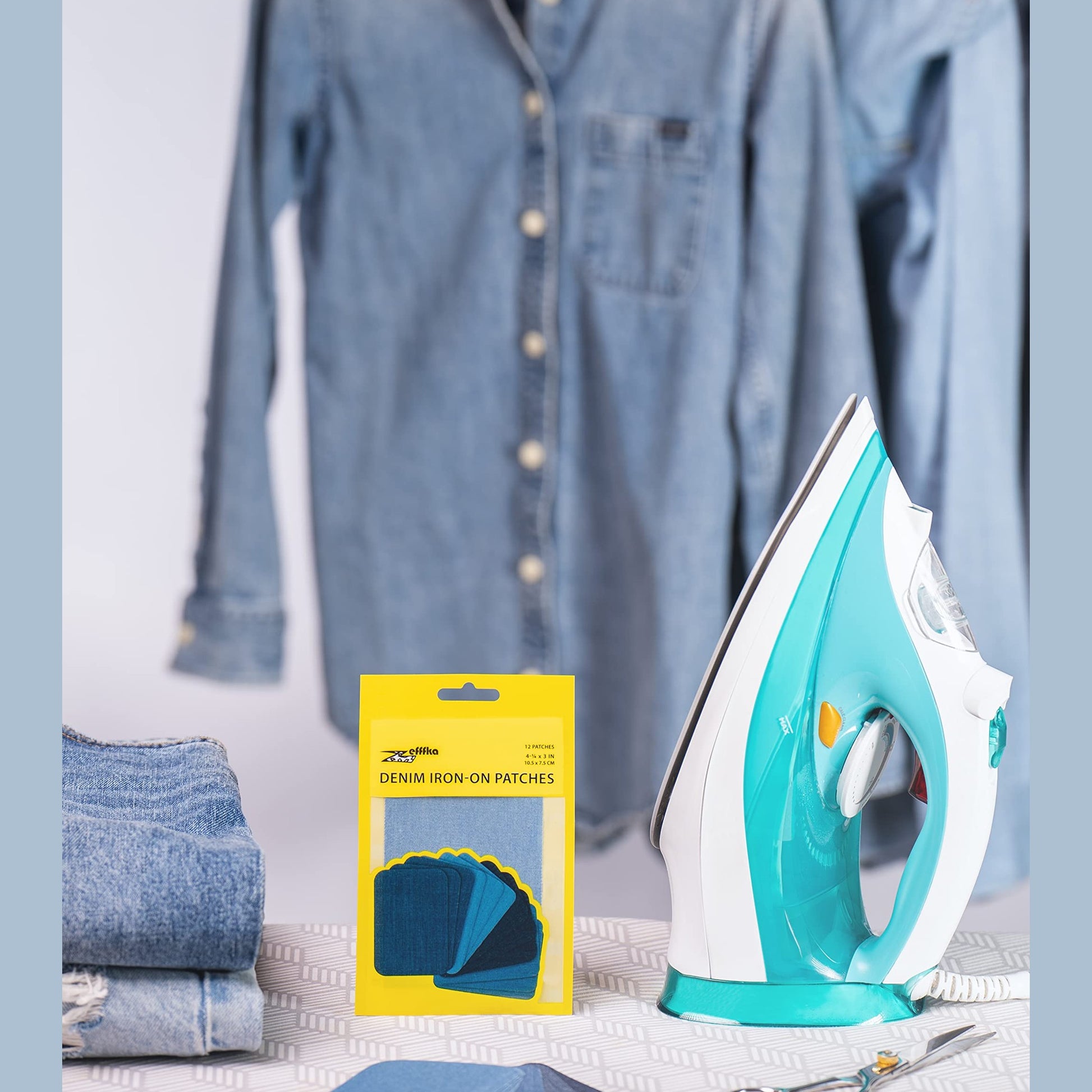 ZEFFFKA Denim Iron-on Patches Inside & Outside Strongest Glue 100% Cotton Black and White Repair Decorating Kit 12 Pieces Shades of Blue Size 3" by 4-1/4" (7.5 cm x 10.5 cm) - Medaid International