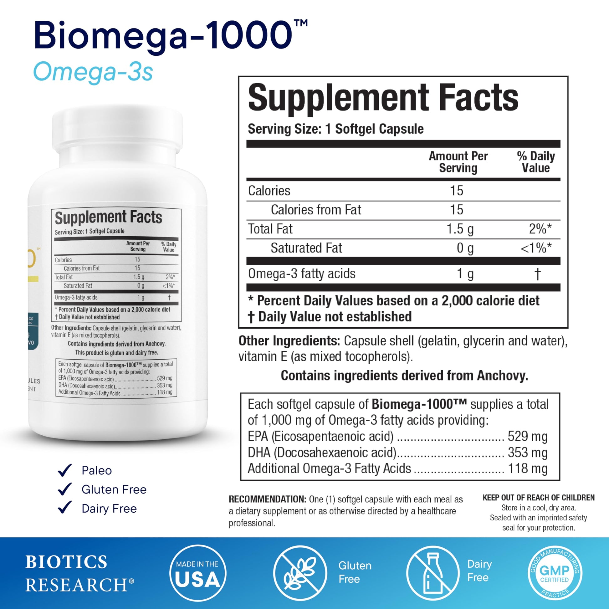 Biotics Research Biomega-1000™ Omega 3 Fish Oil With EPA 529mg / DHA 353mg– Omega-3 Fatty Acids 1000 mg- Highly Concentrated Fish Oil For Women & Men– Supports Immune, Brain & Heart Health–90 Softgels - Medaid International