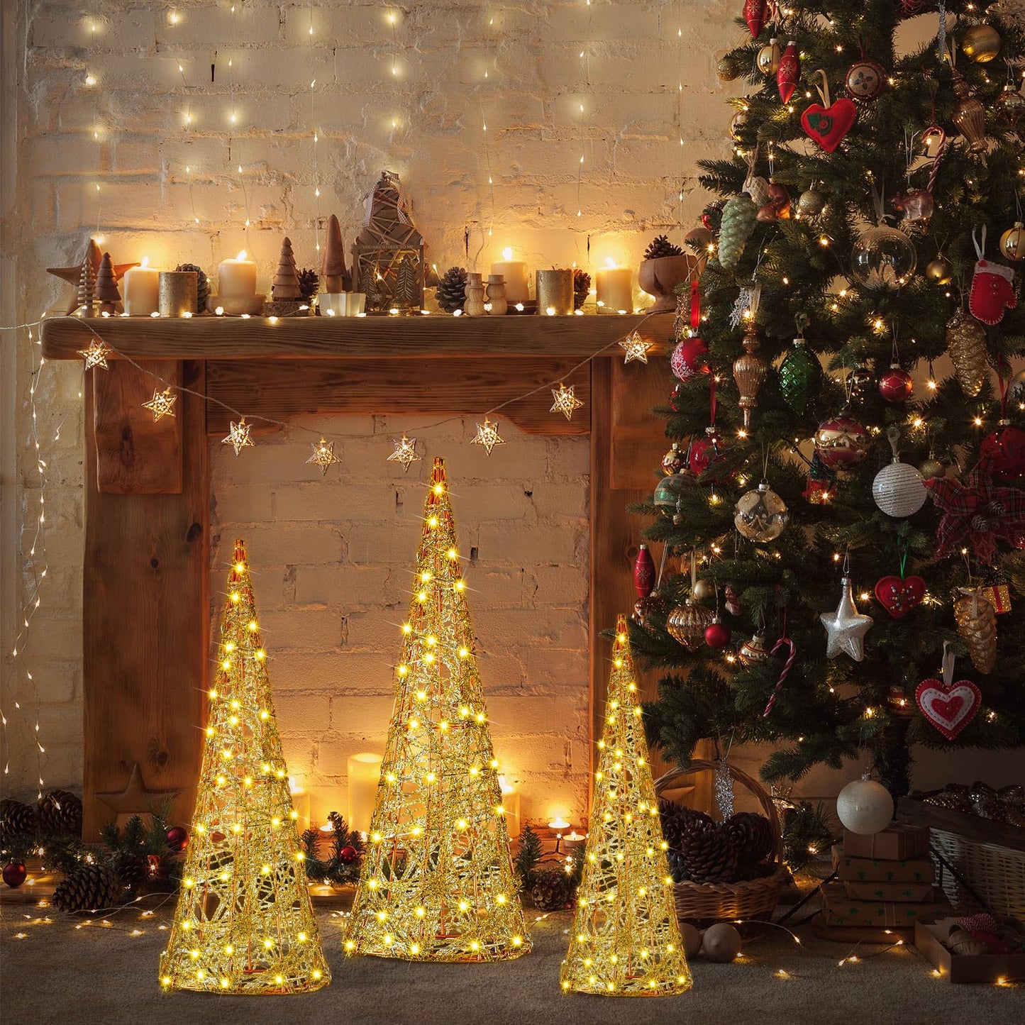 Baquler 3 Pcs LED Lighted Christmas Cone Trees Christmas Tree Ornament Gold Glittered Battery Operated Christmas Decoration Xmas Table Decor for Indoor Home Bedroom Tabletop Centerpiece Holiday Party - Medaid International