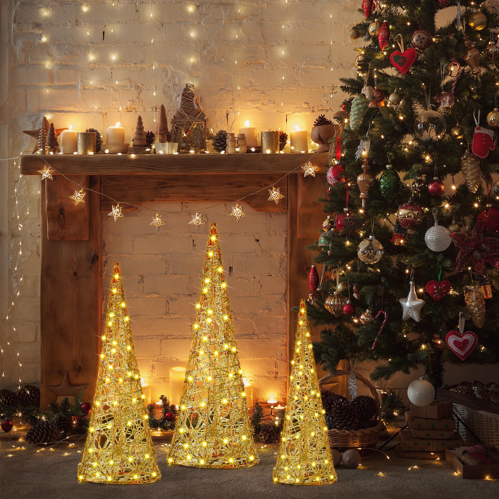 Baquler 3 Pcs LED Lighted Christmas Cone Trees Christmas Tree Ornament Gold Glittered Battery Operated Christmas Decoration Xmas Table Decor for Indoor Home Bedroom Tabletop Centerpiece Holiday Party - Medaid International