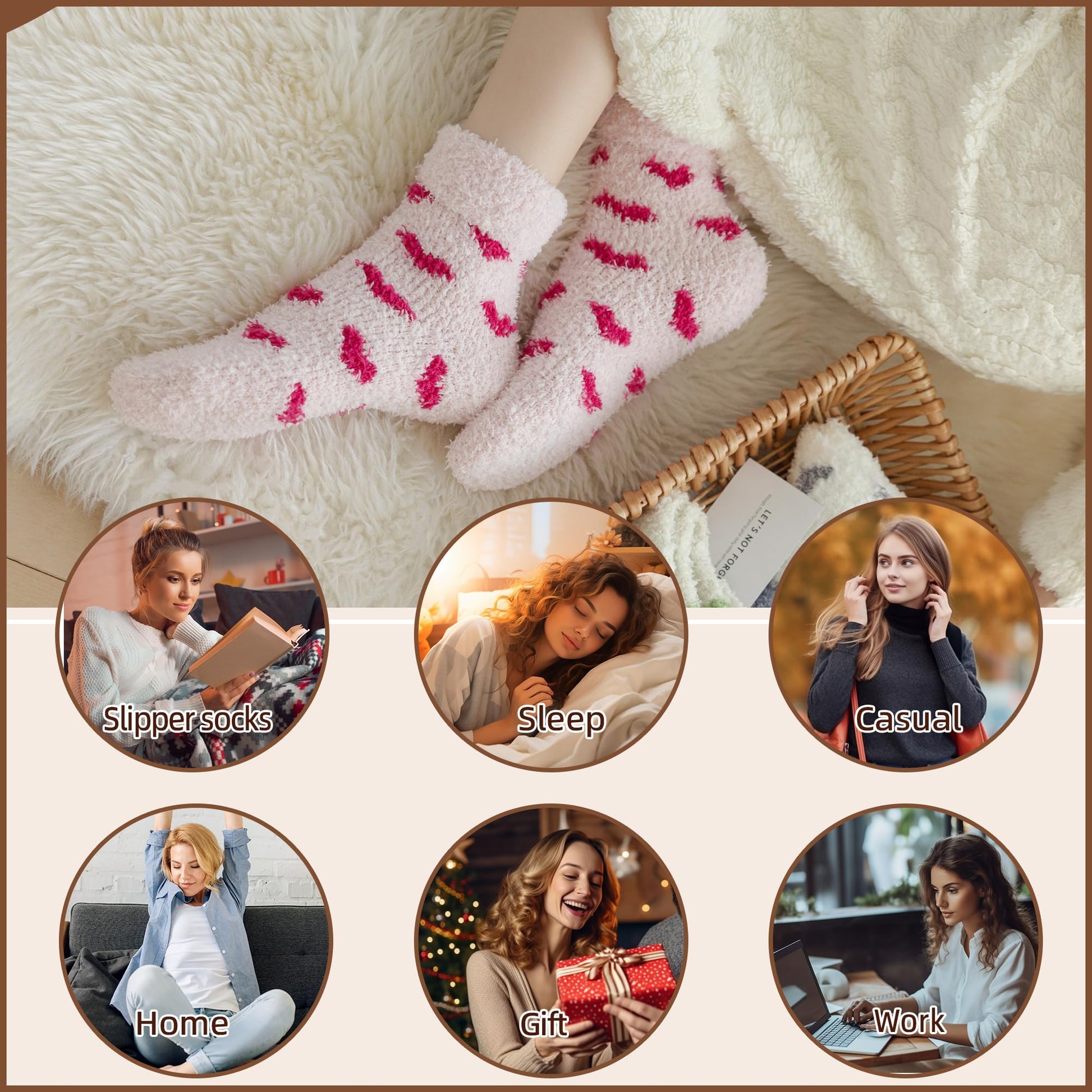 Velice Womens Fuzzy Socks Soft Cozy Fluffy Slipper Winter Warm Plush Sleeping Christmas Socks 5 Pairs(Cute Heart) - Medaid International