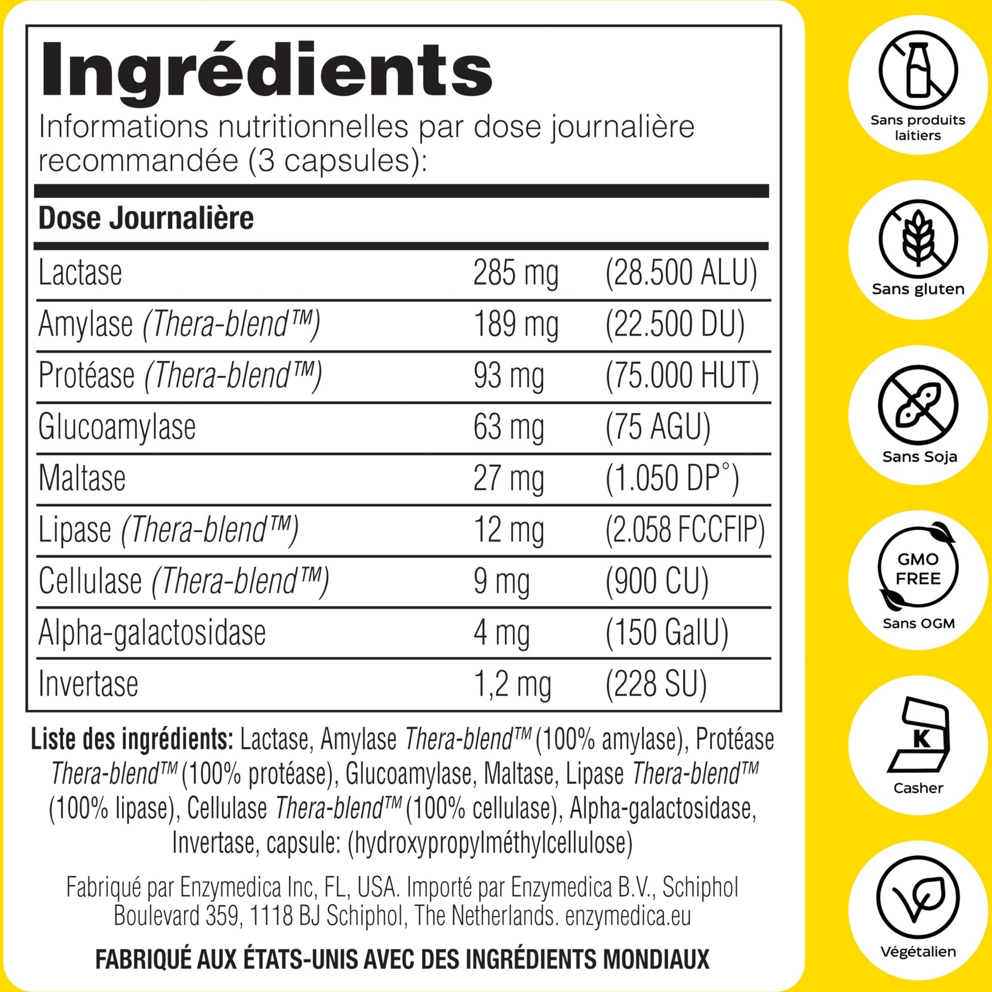 Enzymedica, Lacto, Formule Enzymatique Pour L'Intolérance Au Lactose Et À La Caséine, Indiqué Contre La Contamination Croisée, Sans Gluten, Sans Produits Laitiers, Végétalien, 90 Capsules - Medaid International