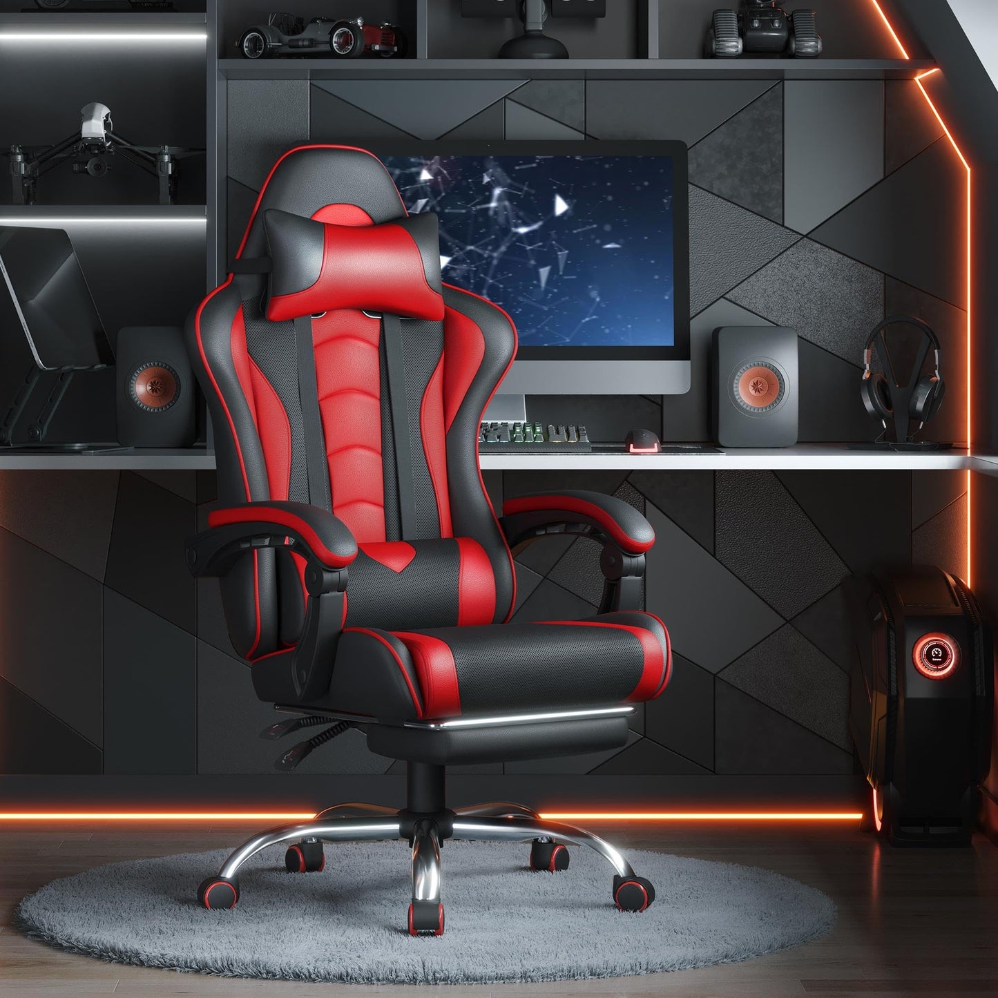 Yaheetech Gaming Chair, Video Game Chair with Massage Lumbar Support and Footrest Height Adjustable Ergonomic Computer Chair with Swivel Seat and Headrest, Black/Red - Medaid International