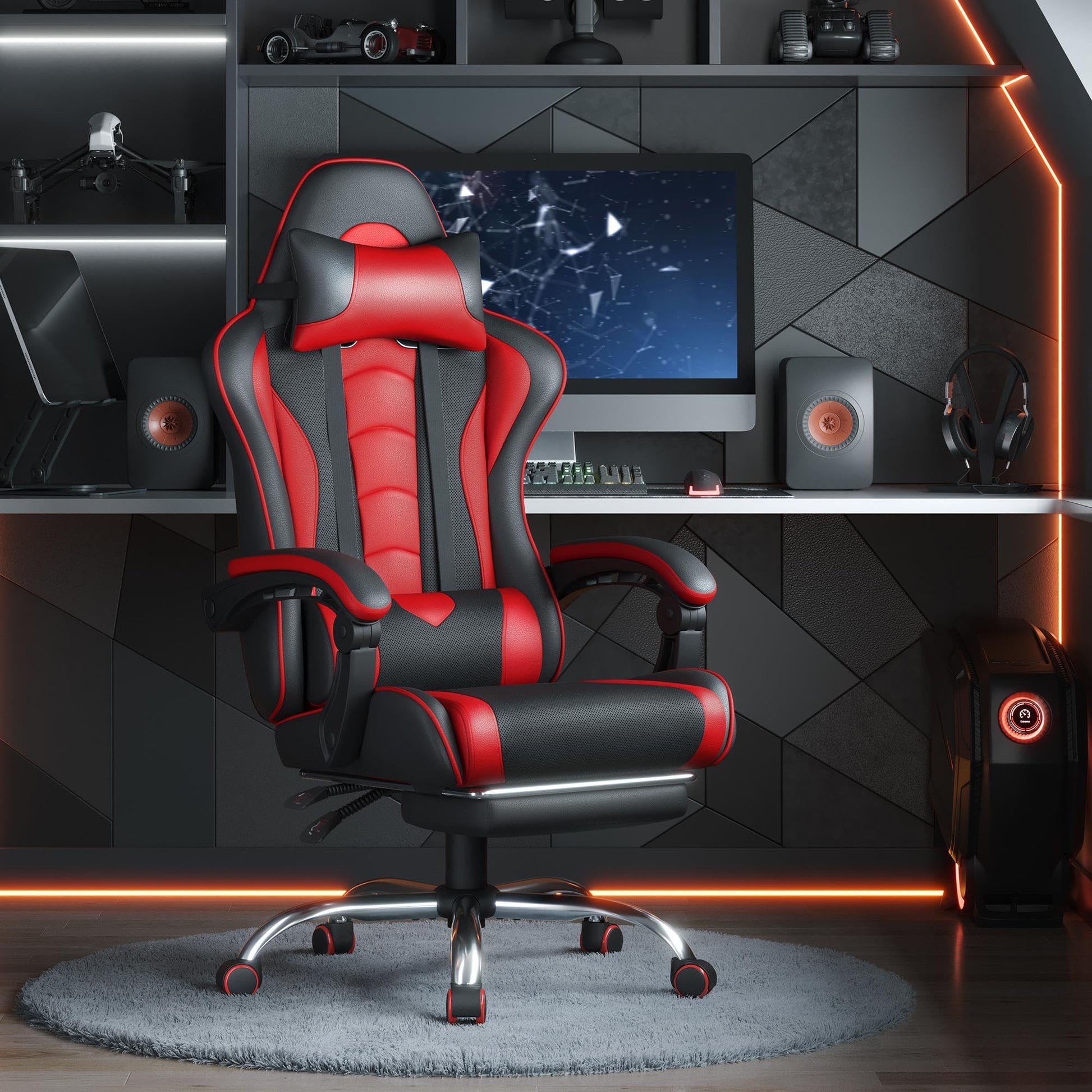 Yaheetech Gaming Chair, Video Game Chair with Massage Lumbar Support and Footrest Height Adjustable Ergonomic Computer Chair with Swivel Seat and Headrest, Black/Red - Medaid International