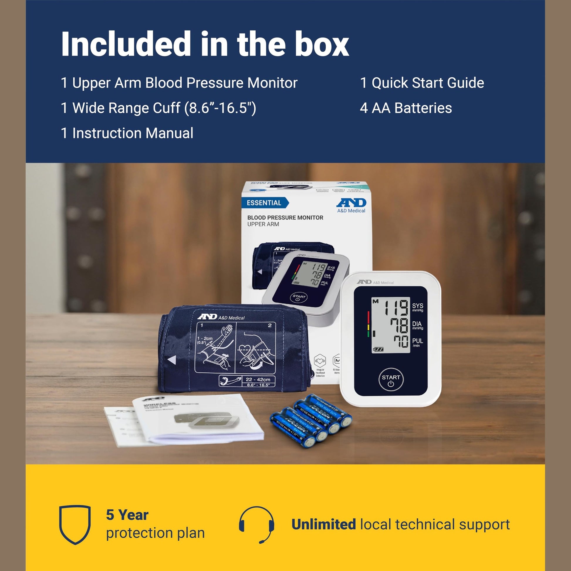 A&D Medical Blood Pressure Monitor for Home Use, UA-651 – Upper Arm Precise BP Machine – Wide Range Cuff (8.6” / 22-42cm), Adults, 4 AA Batteries - Medaid International