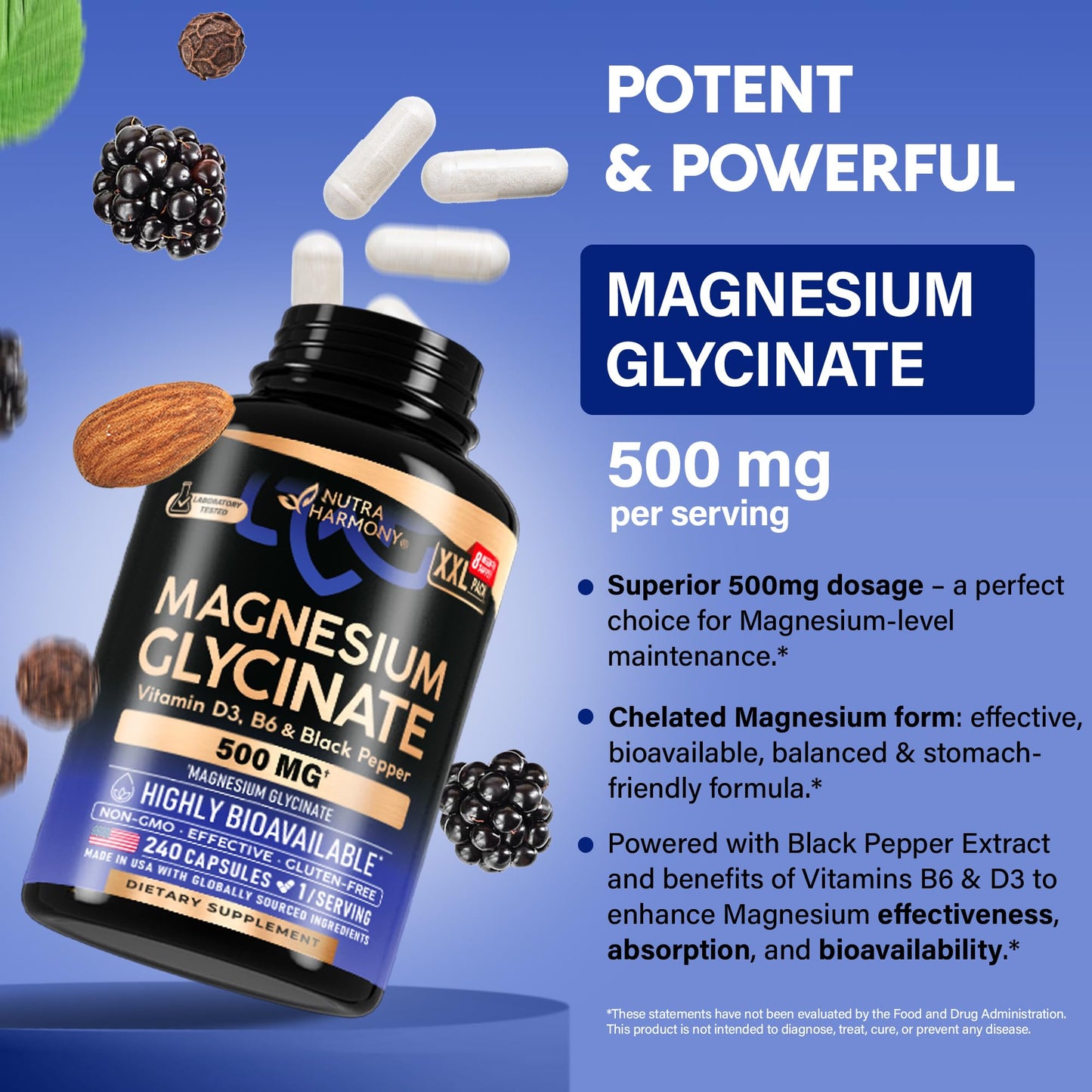 Magnesium Glycinate 500 mg - Chelated Supplement - 98% High Absorption - Support for Sleep, Muscle & Heart Health - Made in USA, Lab Tested & Non-GMO - 240 Capsules - Medaid International