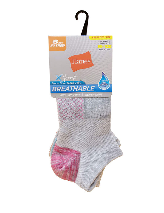 Hanes Shoe Size: 5-9 Women's, Lightweight Breathable Socks, Super No Show, 6-Pack, Pink/Grey, 4B3/6 - Medaid International