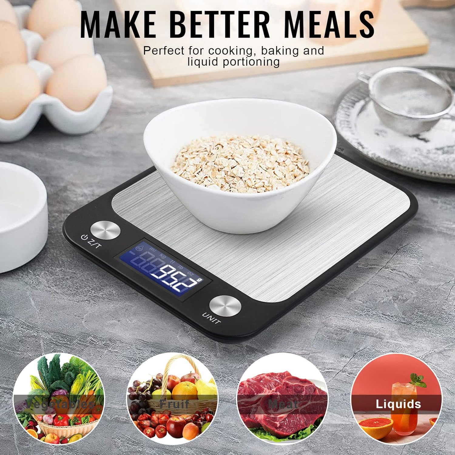 SKY-TOUCH Digital Kitchen Scale Multifunction Food Scale, Touch Button, Ultra Slim with Large LCD Display, 11lb/5kg, 22lb/5kg, Stainless Steel (Batteries Included) (10000g/1g) - Medaid - Lebanon