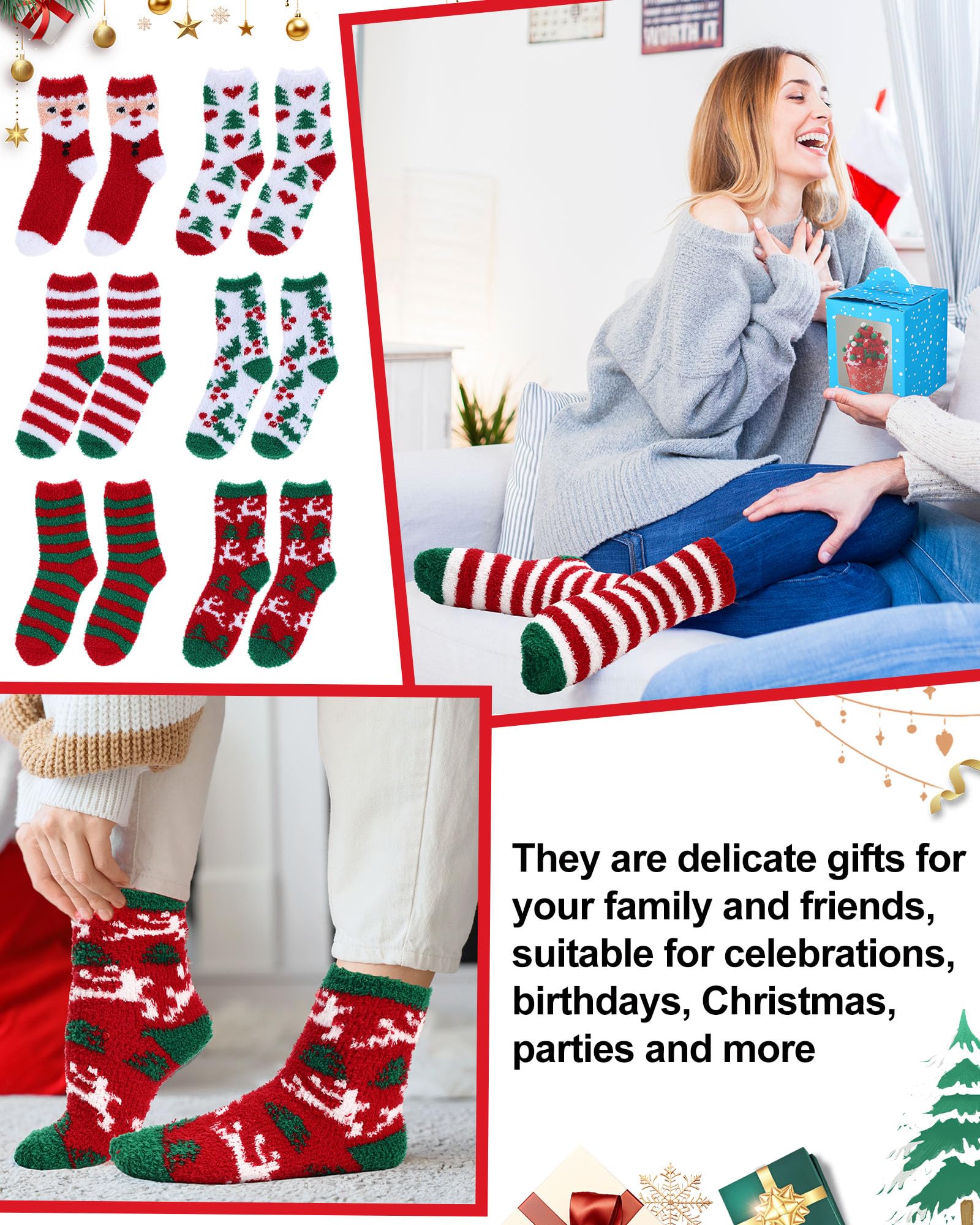 Foaincore 12 Pair Christmas Fuzzy Cupcake Socks Bulk Women Cozy Fluffy Socks Soft Winter Warm Plush Slipper Stocking with Gift Box Xmas Holiday Gifts for Her - Medaid International